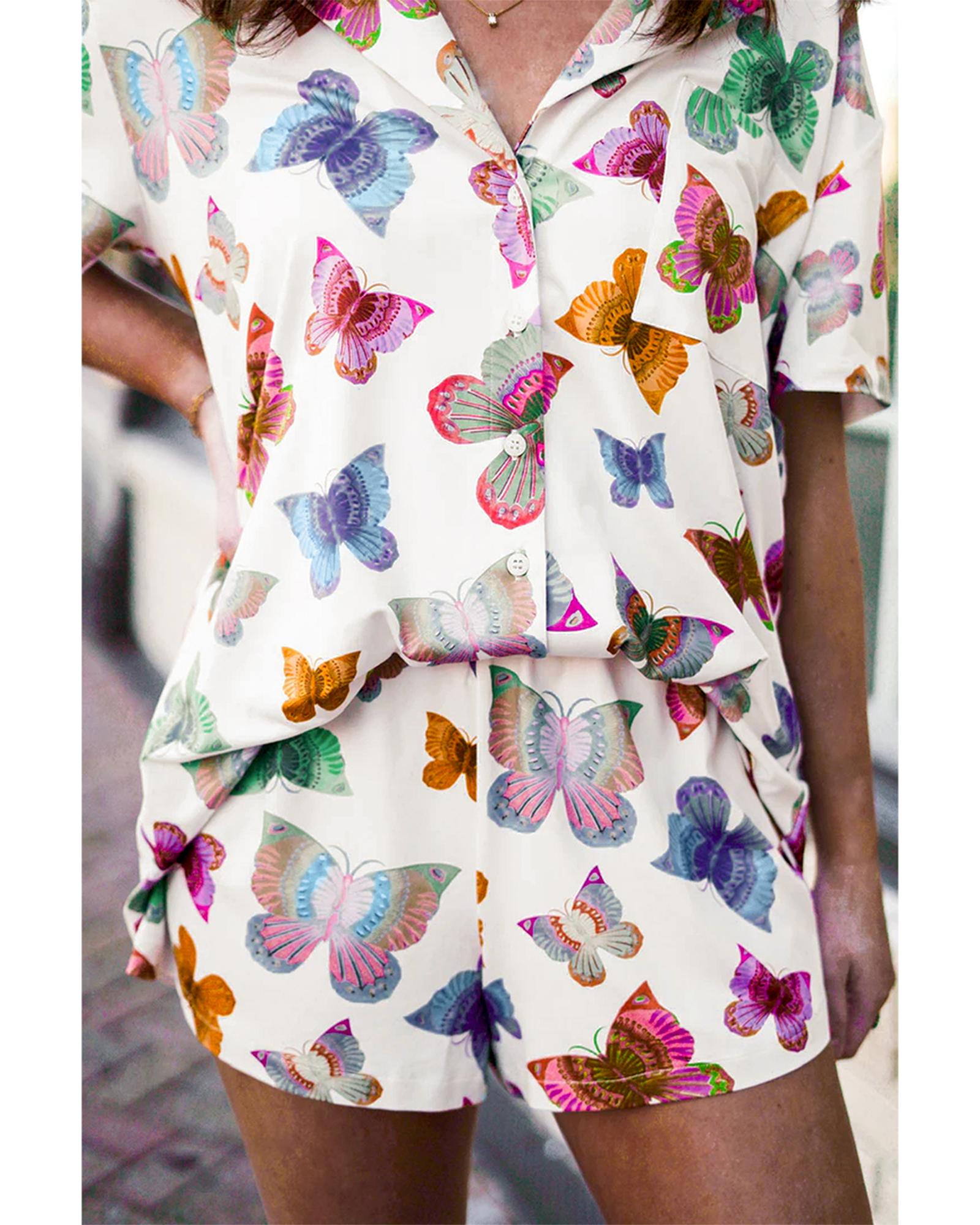 V539-AZEXDC626121-P22-L-202508310100-00 Multicolour Butterfly Pattern Short Sleeve Shirt Pajamas Set - L - Image 1