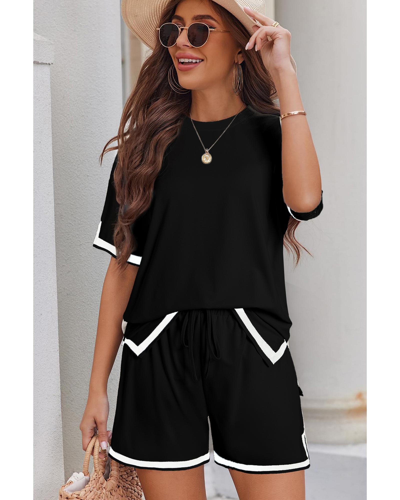 V539-AZEXDC626192-P2-S-202506142006-00 Black Contrast Trim Tee and Shorts Set - S - Image 1
