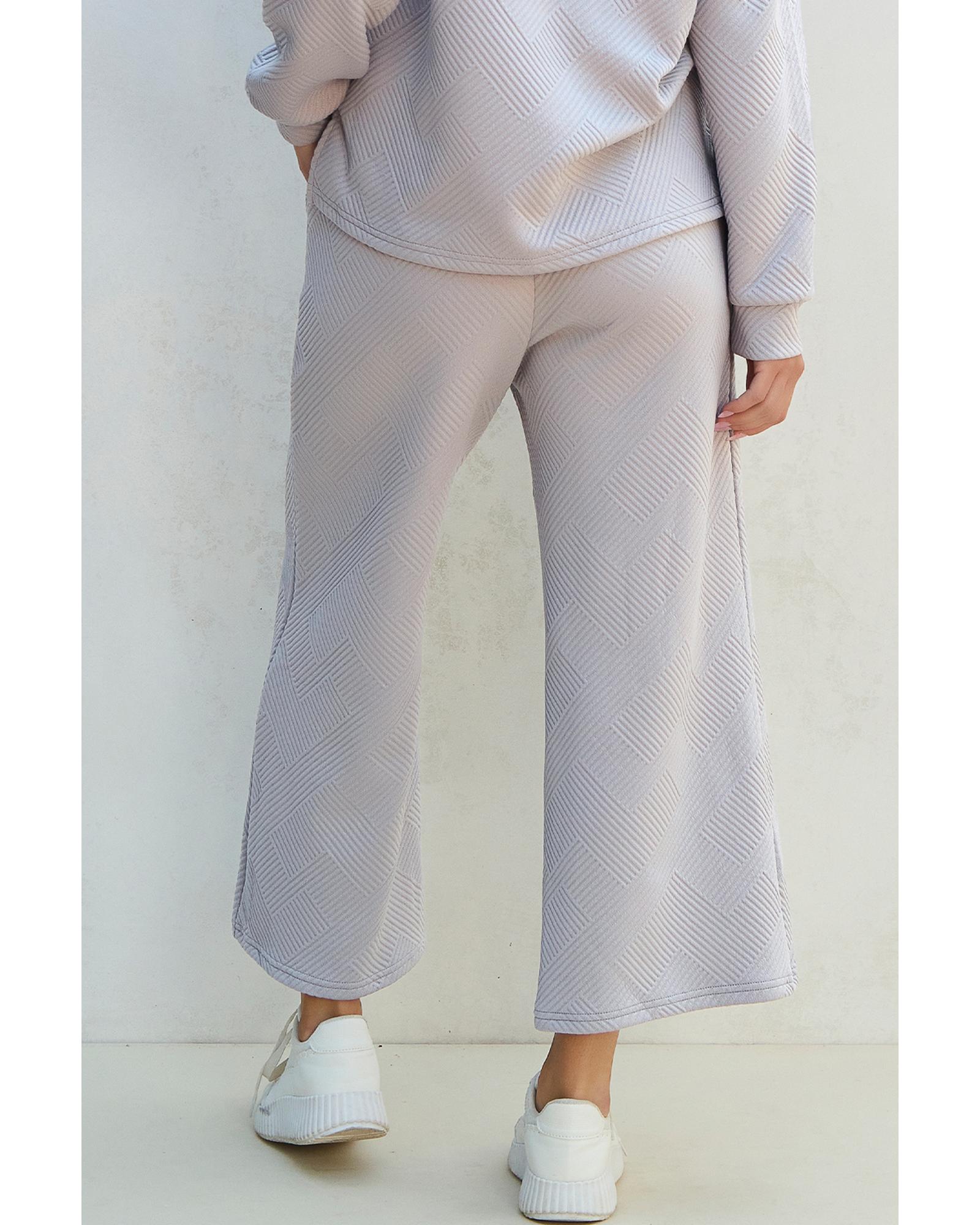 V539-AZEXDC626233-P1011-XL-202508301600-00 Light Grey Solid Textured Collared V Neck Top and Wide Leg Pants Set - XL - Image 1