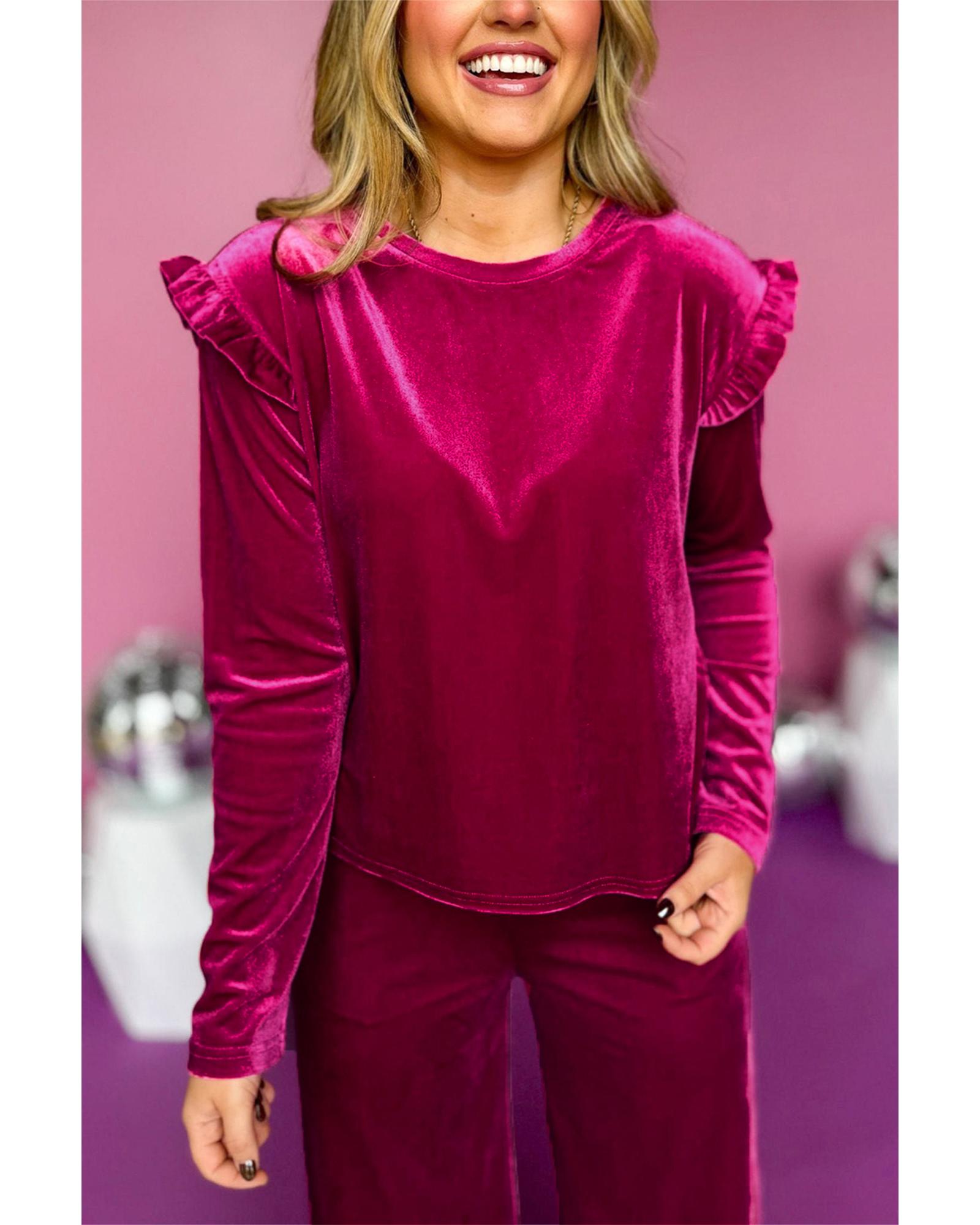 V539-AZEXDC626367-P6-L-202508280610-00 Rose Red Solid Velvet Ruffled Two Piece Pants Set - L - Image 1