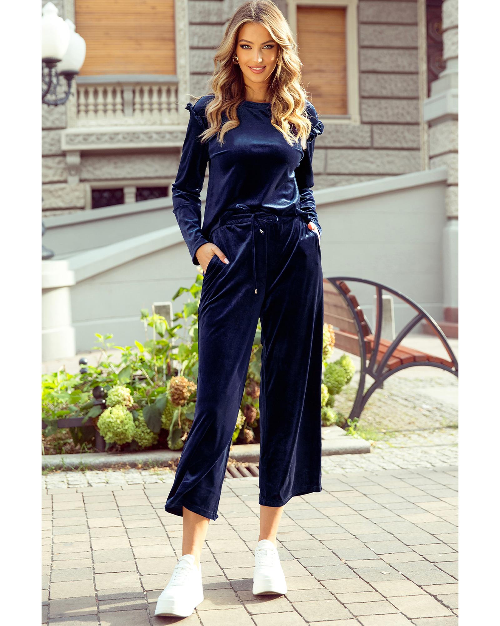 V539-AZEXDC626367-P605-S-202506142131-00 Navy Blue Solid Velvet Ruffled Two Piece Pants Set - S - Image 1