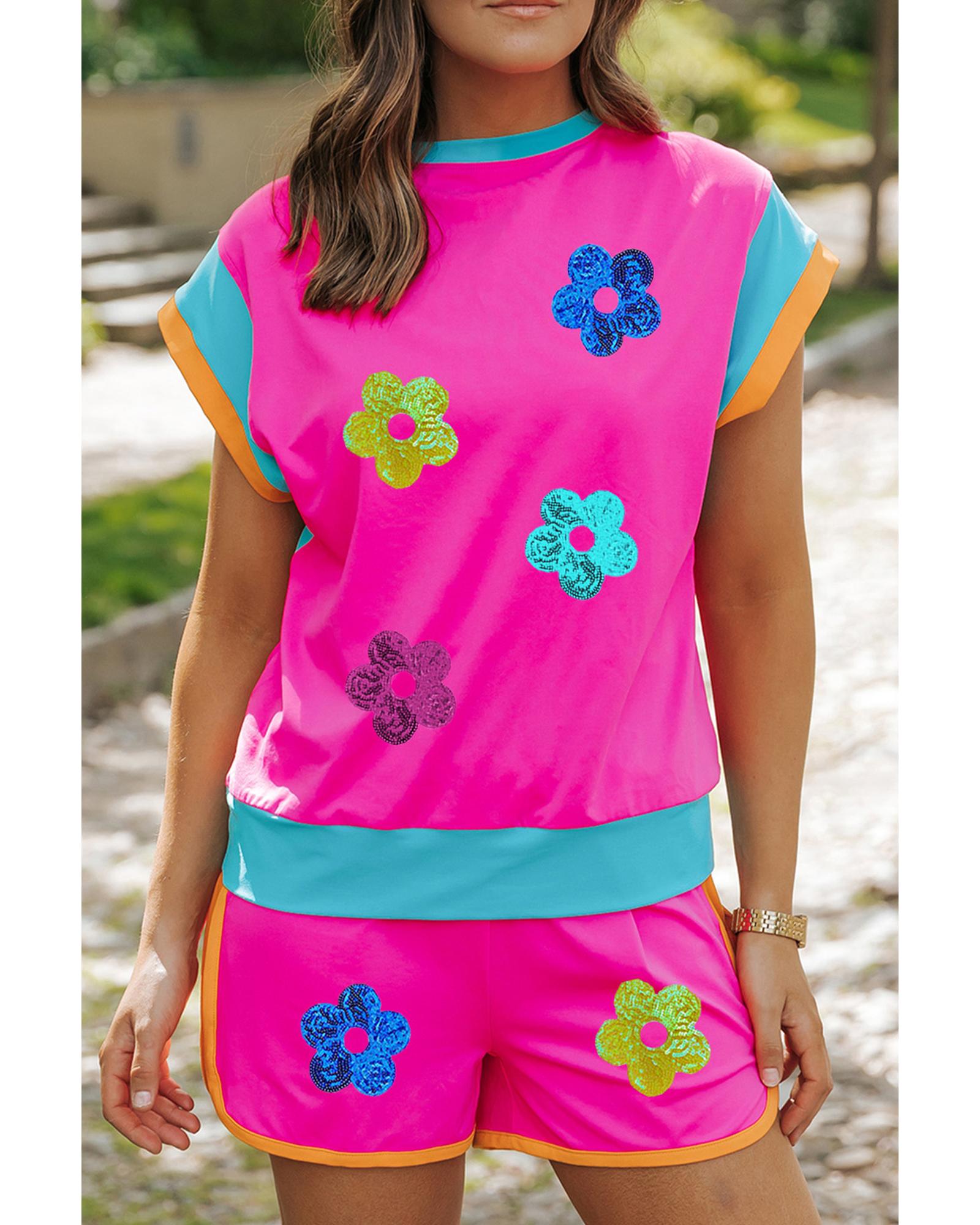 V539-AZEXDC626395-P6-L-202508300345-00 Rose Red Sequined Flower Graphic Colorblock 2 Piece Shorts Set - L - Image 1