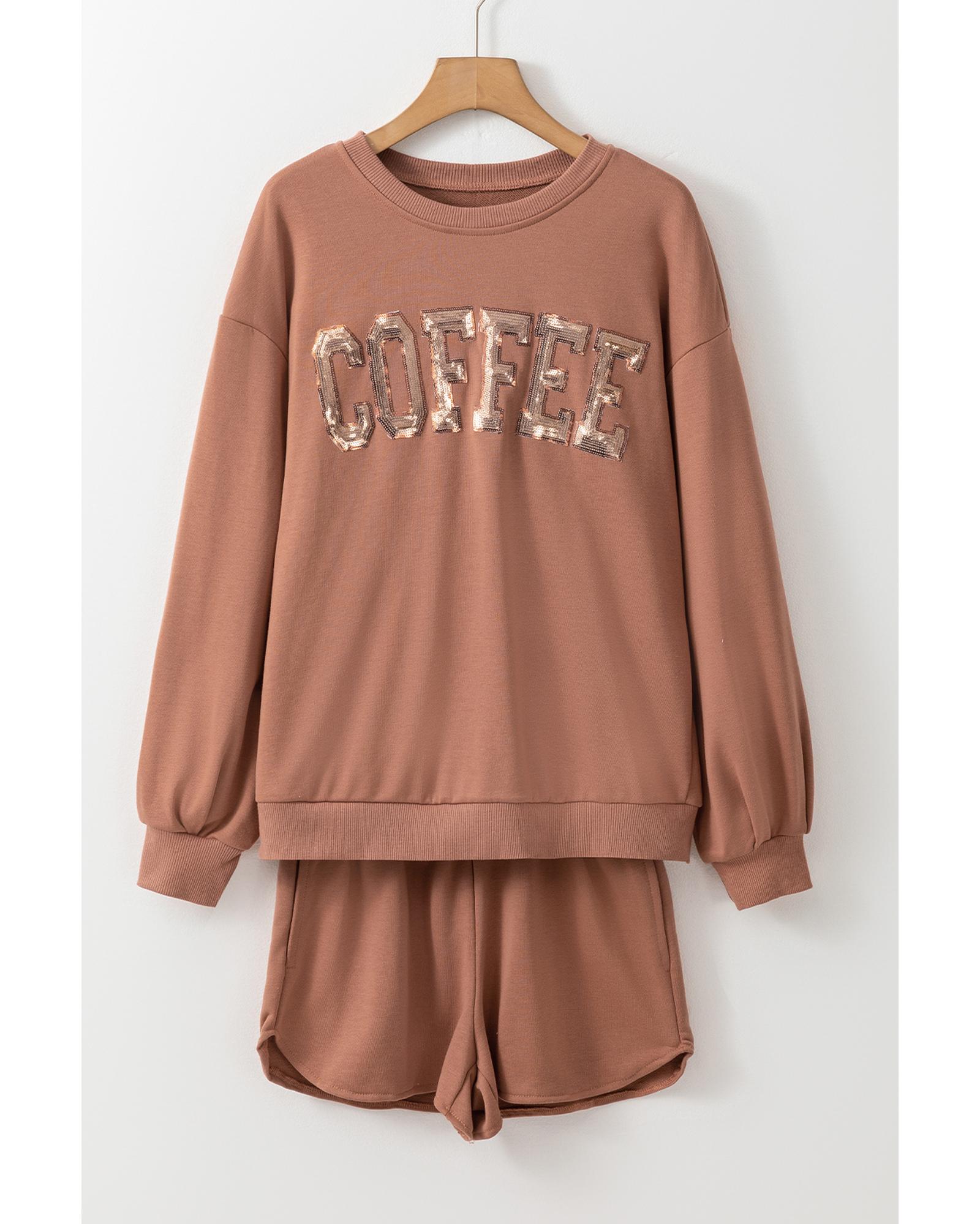 V539-AZEXDC626442-P8016-XL-202508300405-00 Straw Yellow Sequined COFFEE Loose Fit Sweatshirt and Shorts Set - XL - Image 1