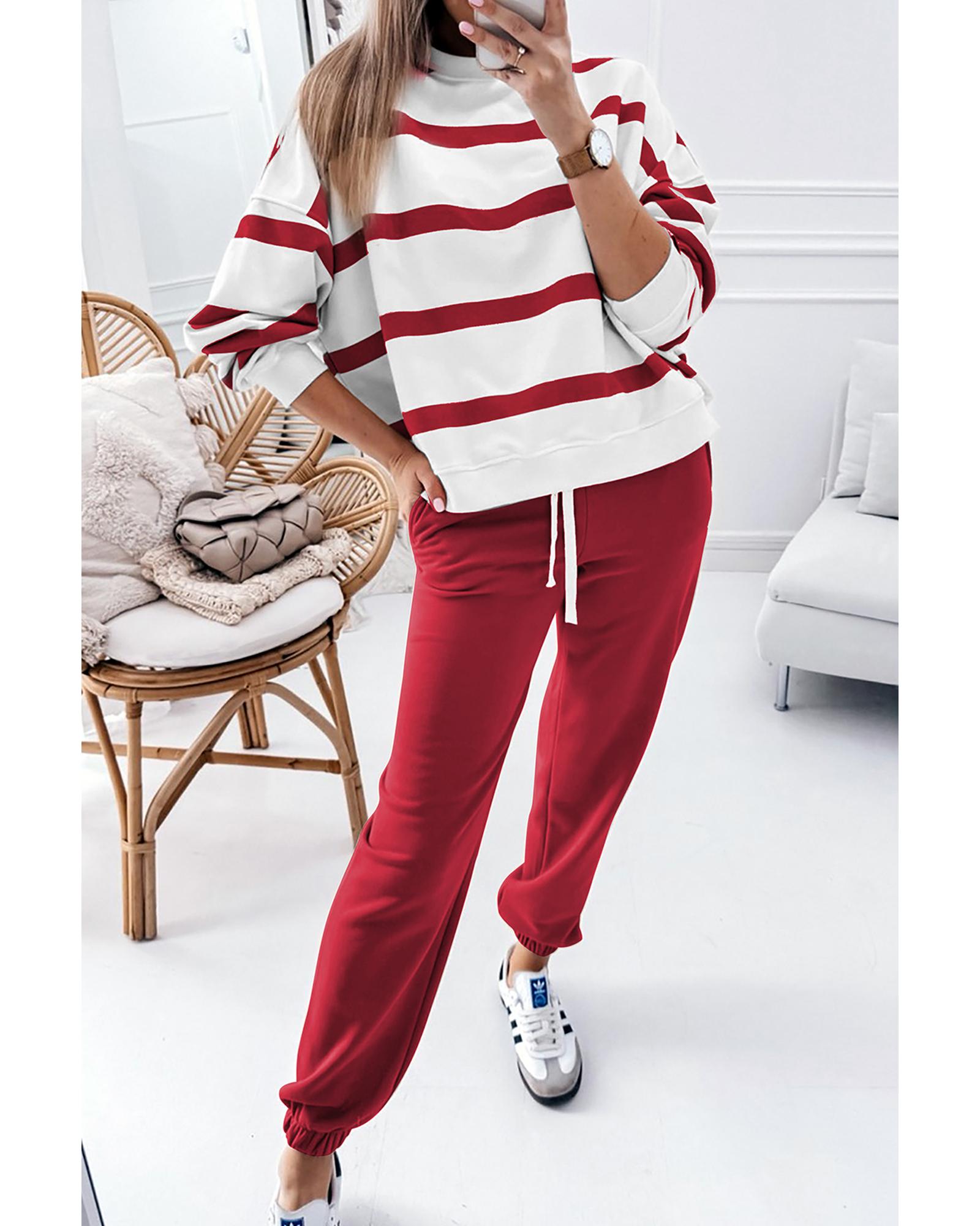 V539-AZEXDC626456-P319-2XL-202508280310-00 Red Stripe Drop Shoulder Pullover and Jogger Pants Set - 2XL - Image 1