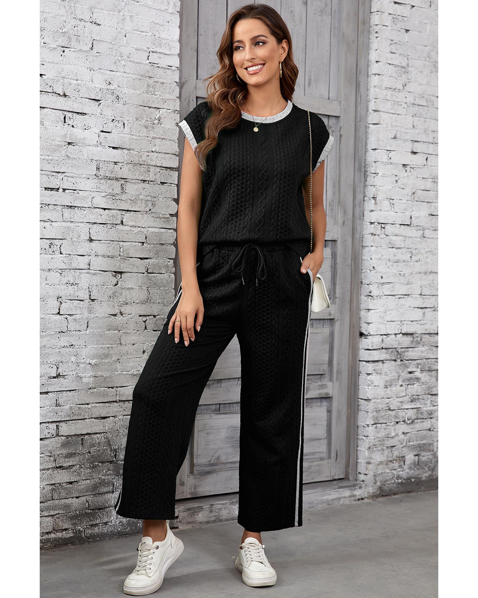 V539-AZEXDC626458-P2-XL-202508291855-00 Black Cable Knit Contrast Trim Short Sleeve Top and Pants Set - XL - Image 1