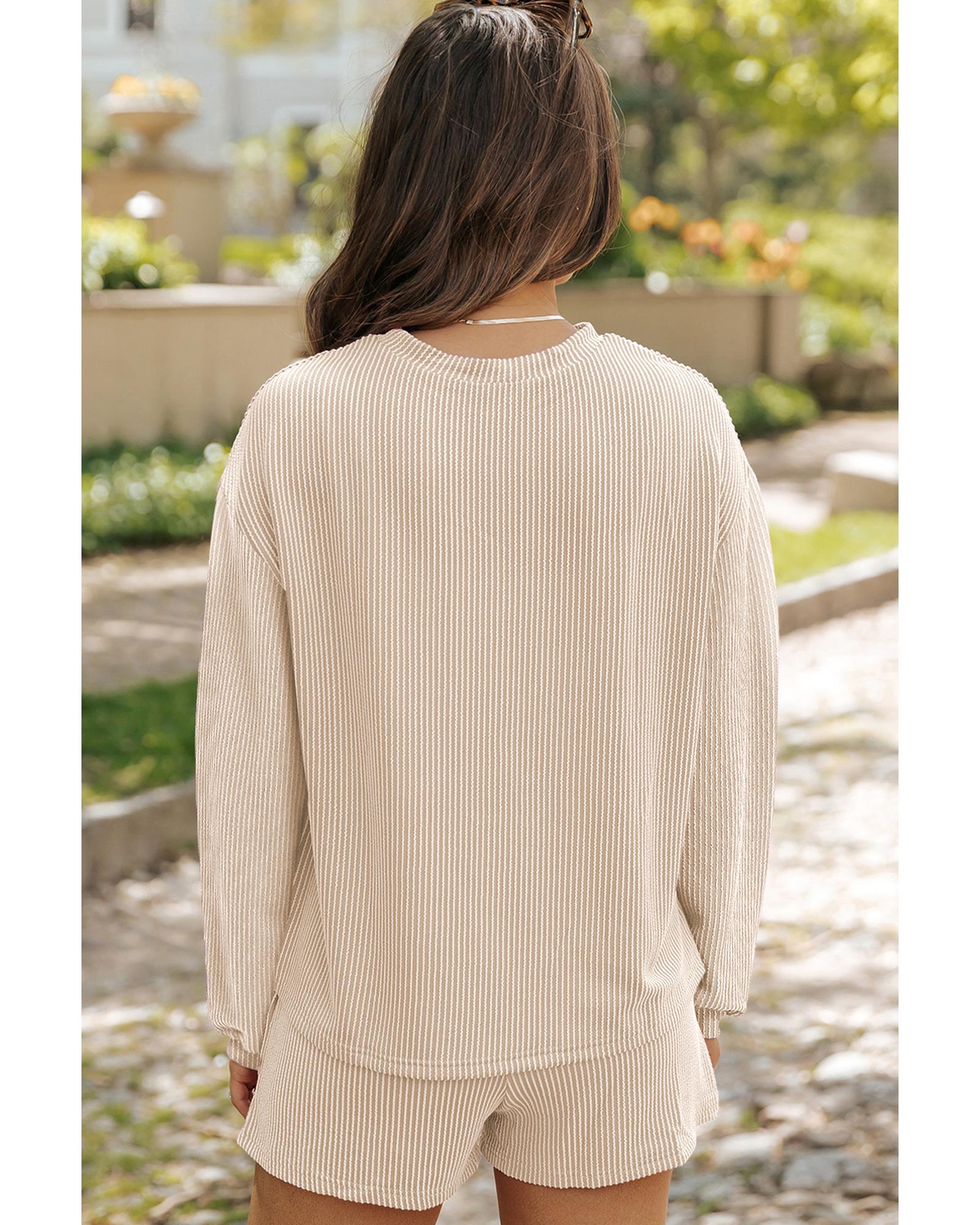 V539-AZEXDC626490-P6016-M-202508301610-00 Parchment Corded Knit Long Sleeve Top and High Waist Shorts Set - M - Image 1