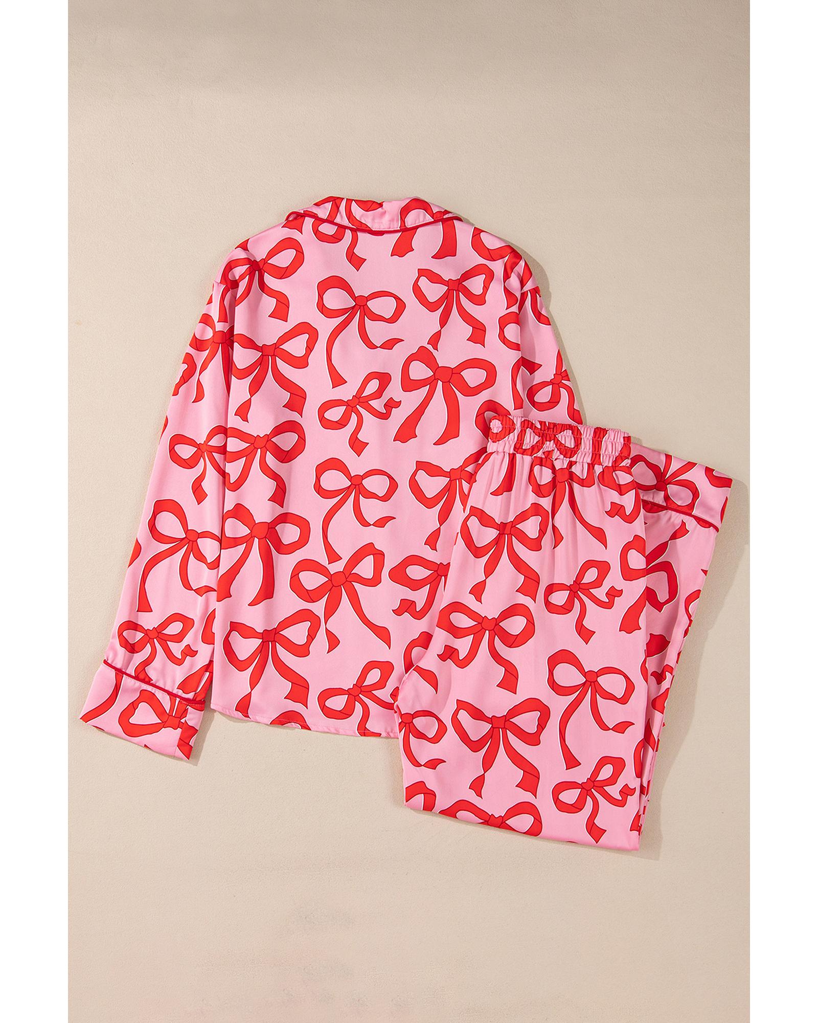 V539-AZEXDC626600-P1020-XL-202508300810-00 Pink 2pcs Bow Print Shirt Style Long Sleeve Pajama Set - XL - Image 1