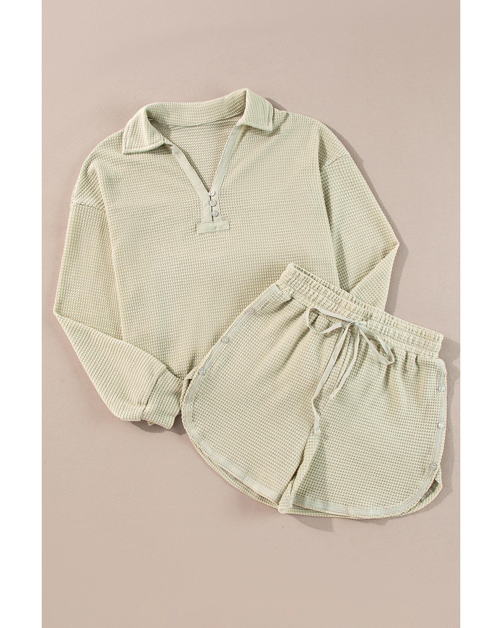 V539-AZEXDC626638-P6016-XL-202508301705-00 Parchment Textured Buttoned Long Sleeve Top 2 Piece Shorts Set - XL - Image 1