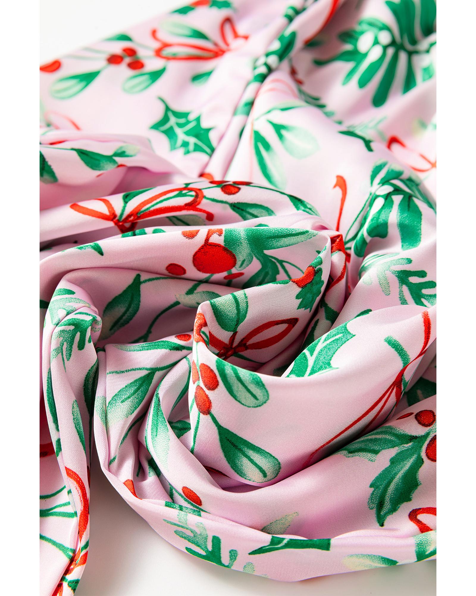 V539-AZEXDC626660-P1020-XL-202508300915-00 Pink Christmas Berries Plant Print Satin Long Sleeve Pajama Set - XL - Image 1