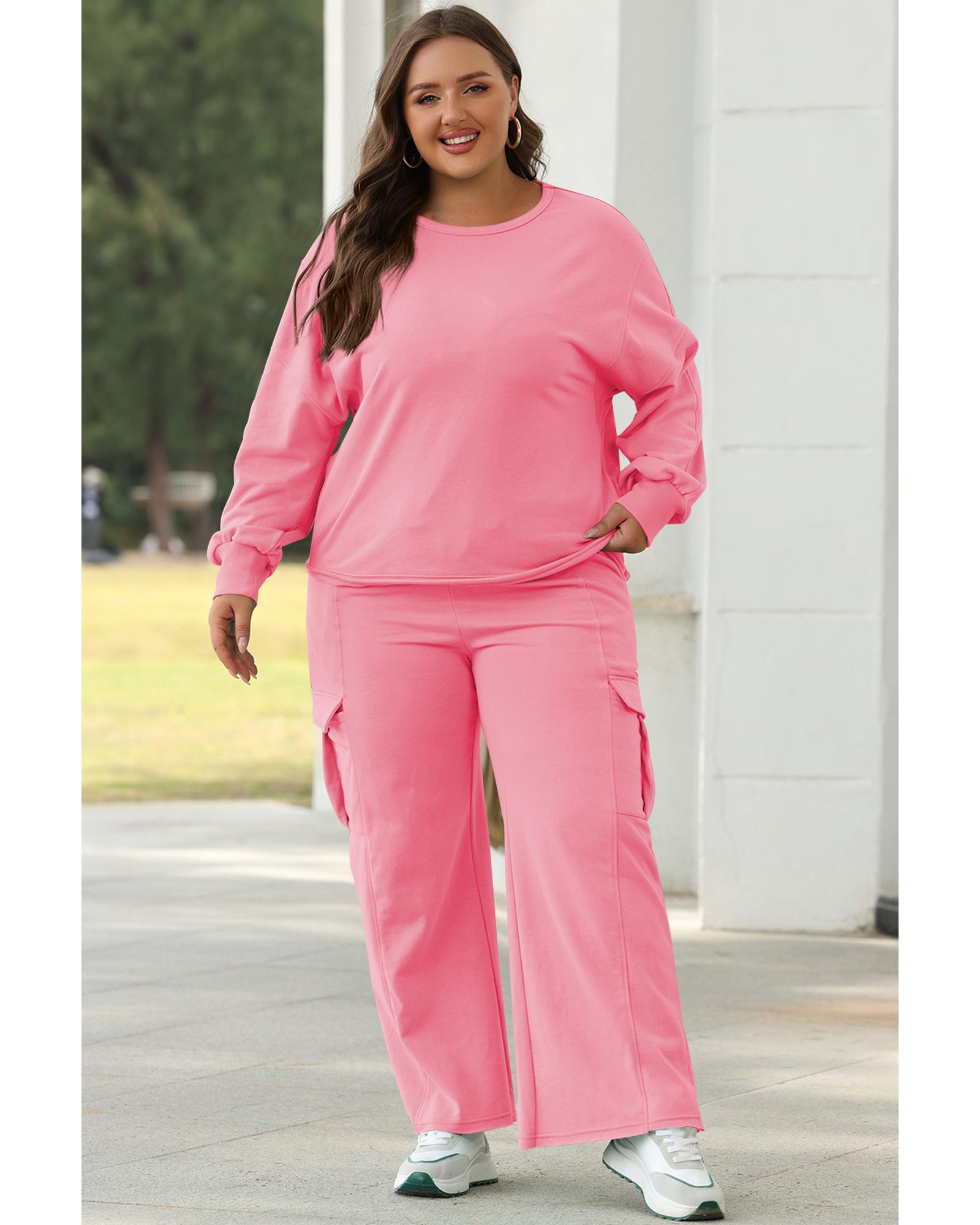 V539-AZEXDC626695-P406-2XL-202508302350-00 Sachet Pink Solid Color Patchwork Pullover Top and Cargo Pants Set - 2XL - Image 1