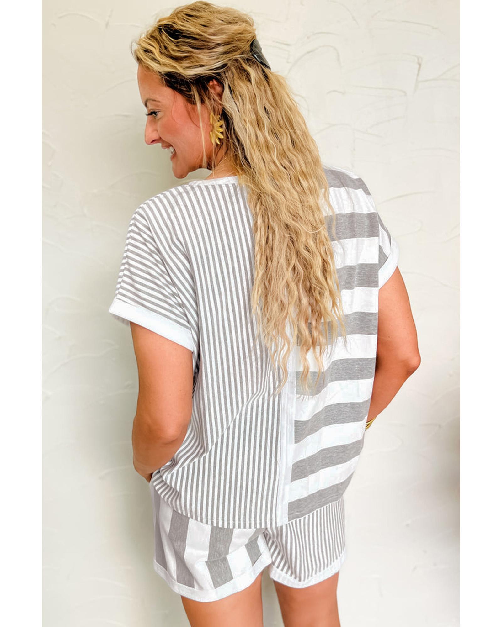 V539-AZEXDC626712-P1119-S-202506150042-00 Gray Stripe Mixed Print Short Sleeve Top and Pocketed Shorts Set - S - Image 1