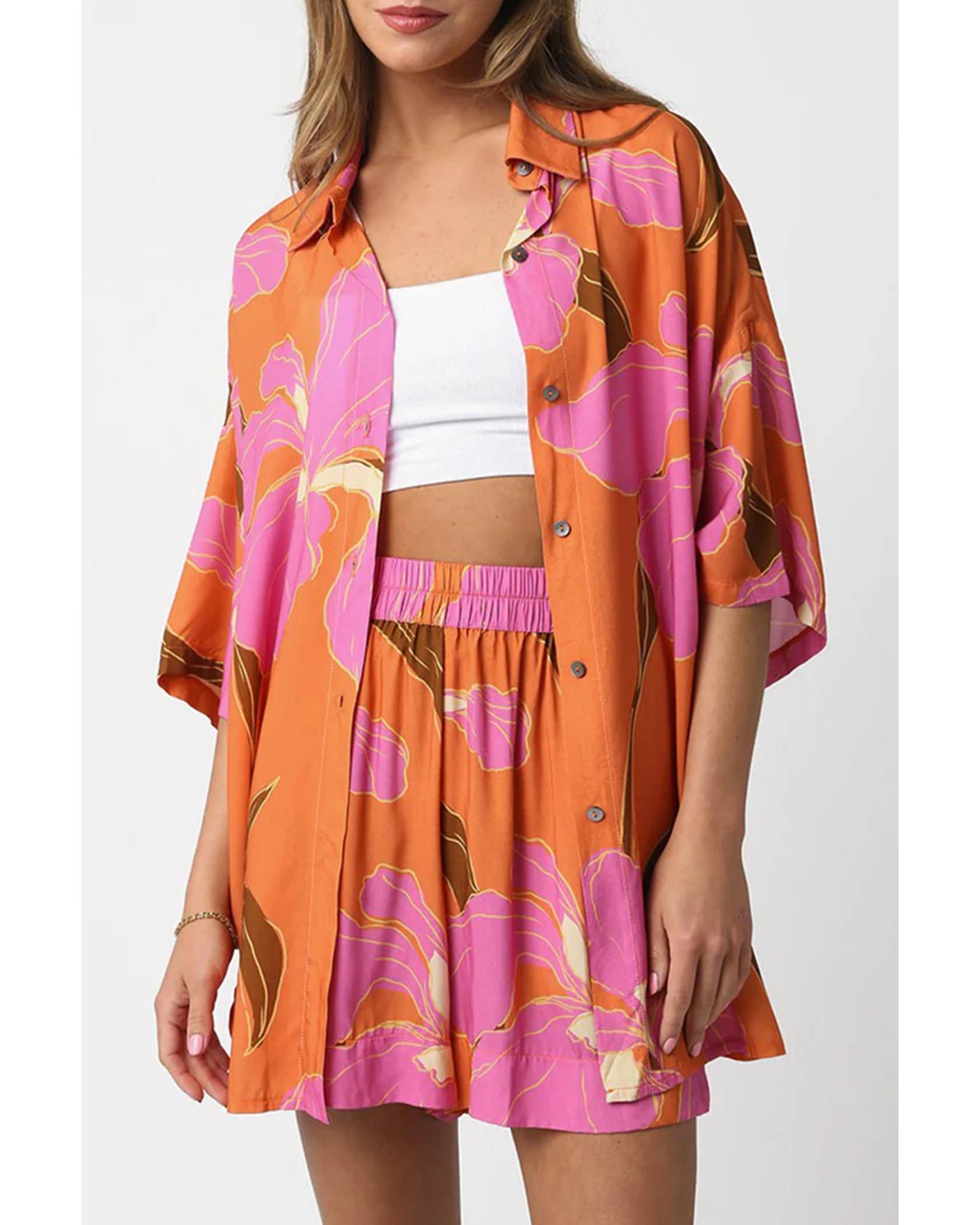 V539-AZEXDC626718-P7014-XL-202508291750-00 Russet Orange Floral Print Tunic Shirt and Shorts Set - XL - Image 1