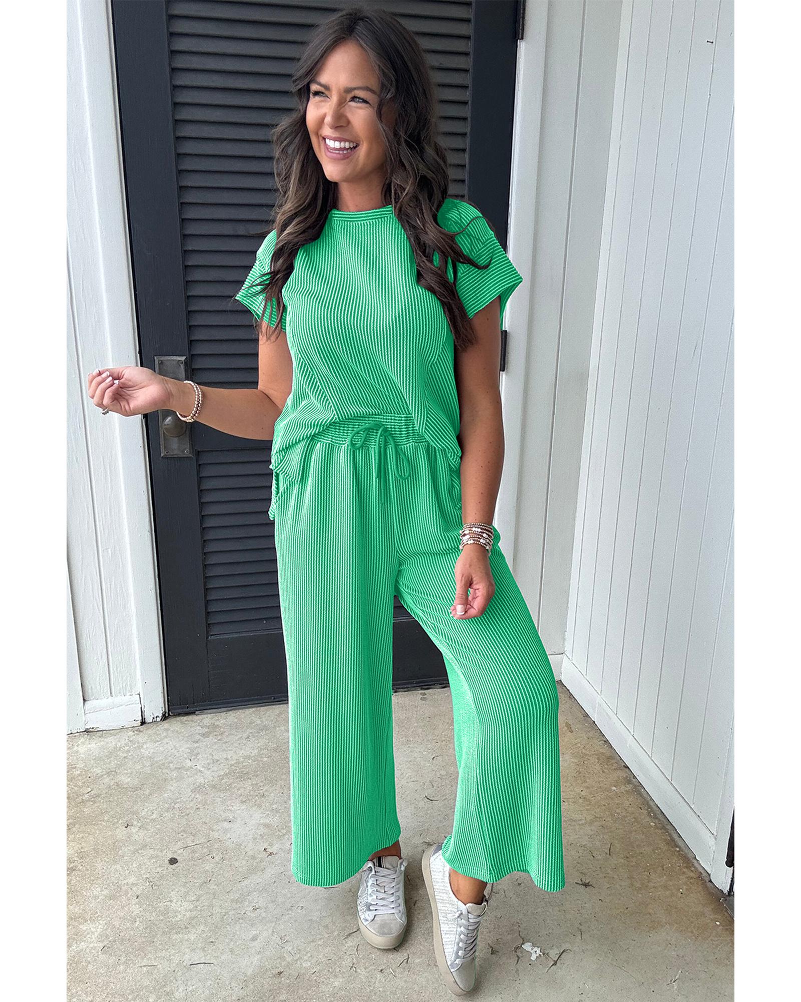 V539-AZEXDC626736-P109-M-202508280440-00 Bright Green Solid Corded Knit Short Sleeve T Shirt and Wide Leg Pants Set - M - Image 1