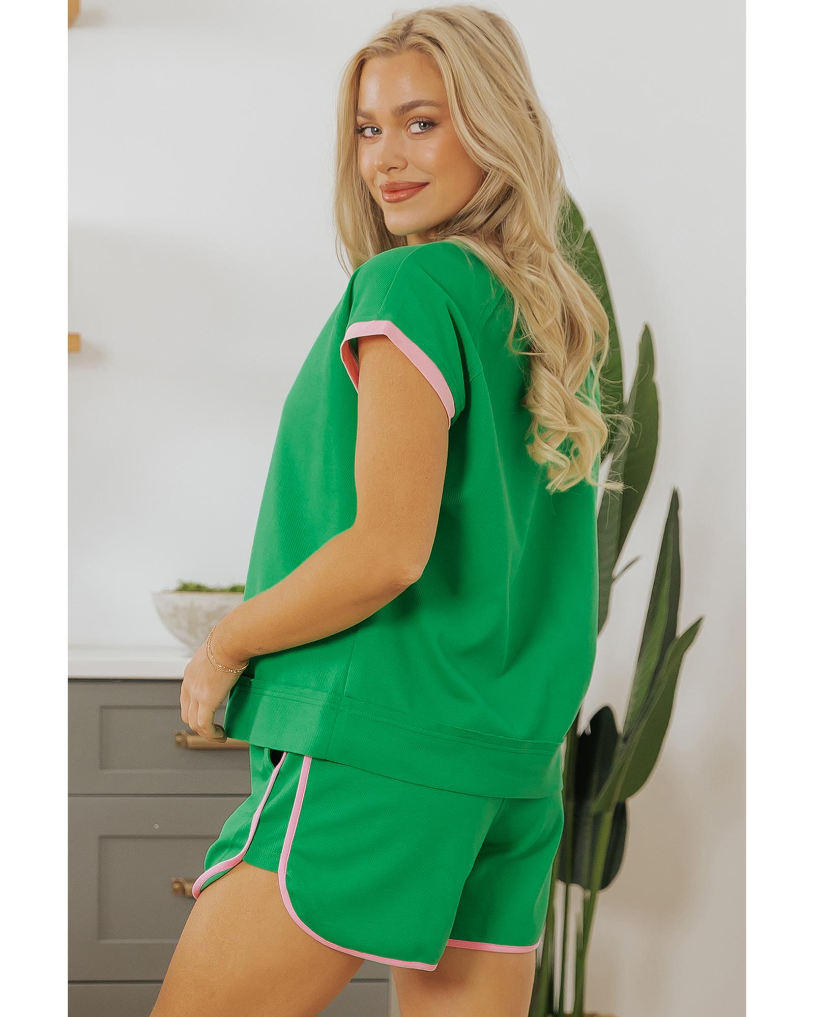 V539-AZEXDC626743-P109-XL-202508280730-00 Bright Green Two Tone Contrast Textured Crewneck Tee and Shorts Set - XL - Image 1