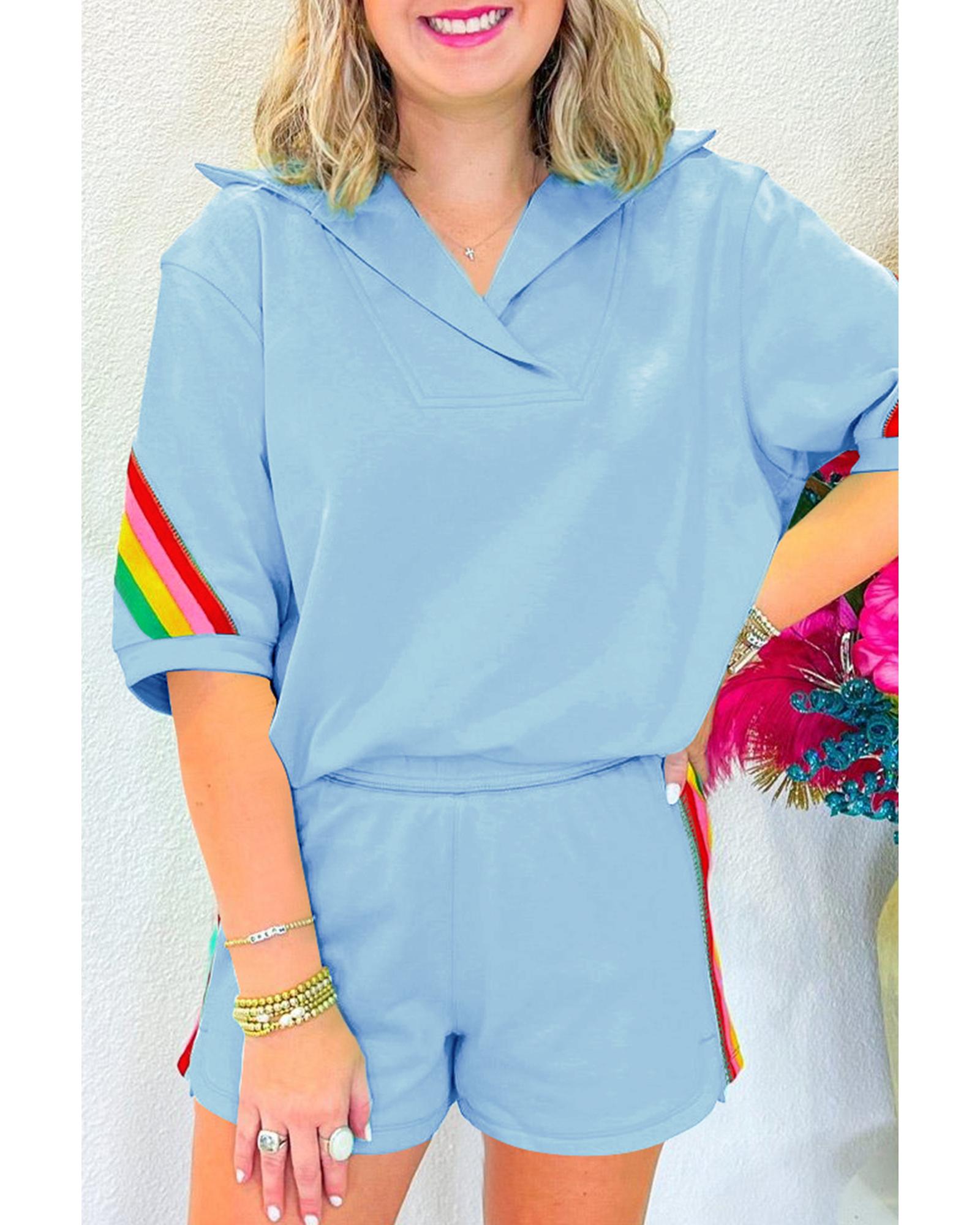 V539-AZEXDC626750-P304-M-202508291630-00 Sky Blue Rainbow Colorblock Collared Short Sleeve Top 2 Piece Shorts Set - M - Image 1