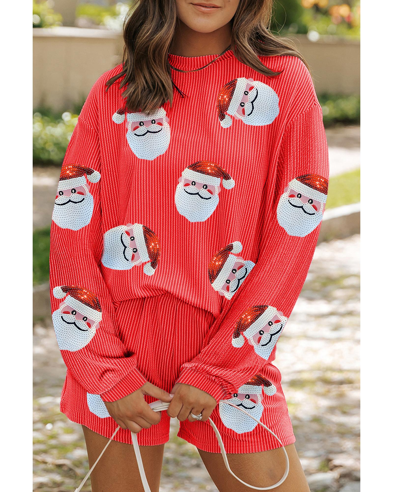 V539-AZEXDC626763-P5014-2XL-202508292045-00 Gold Flame Sequin Christmas Santa Clause Corded Pullover and Shorts Set - 2XL - Image 1