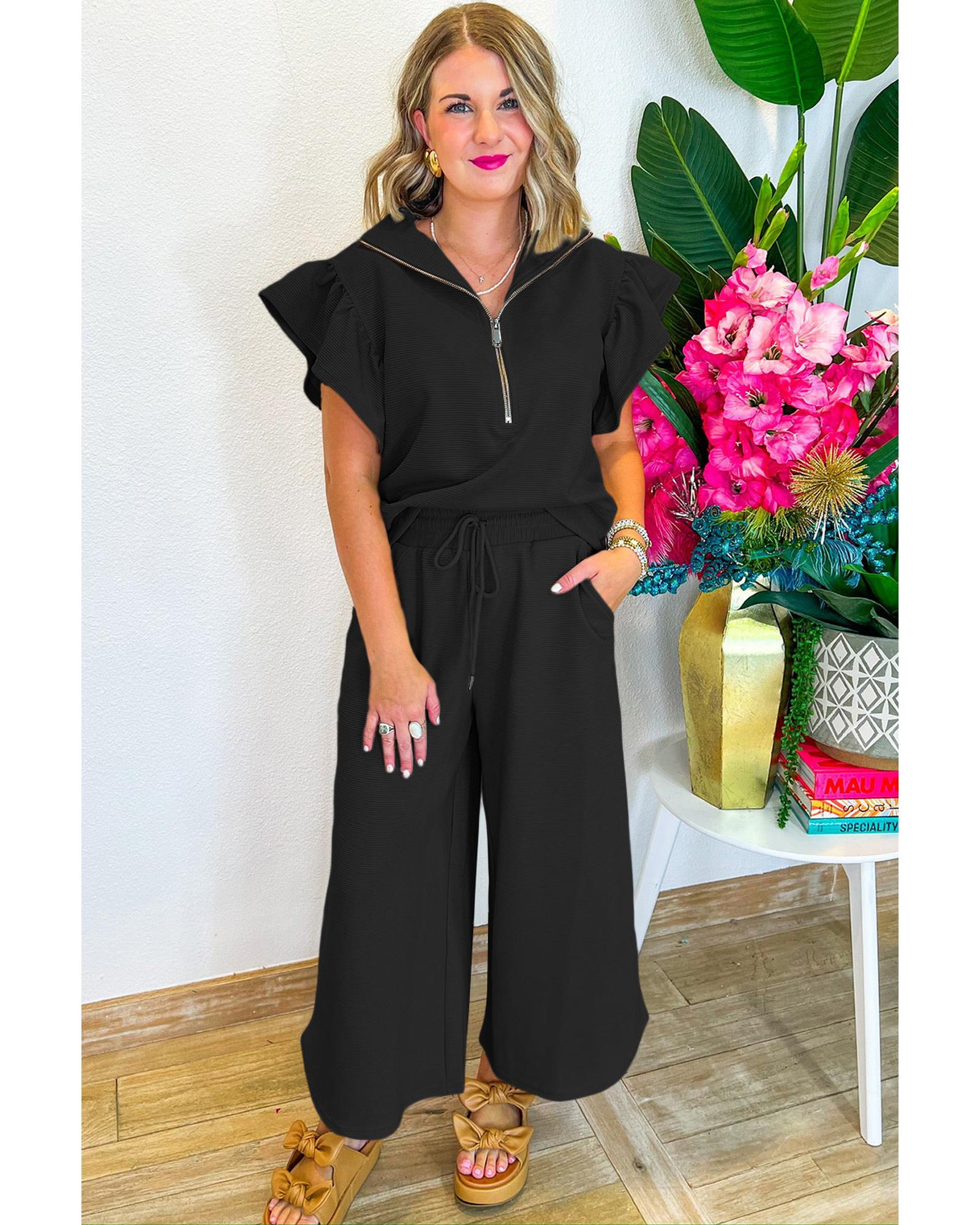 V539-AZEXDC626787-P2-S-202506150206-00 Black Textured Ruffled Sleeve Zipped Top and Wide Leg Pants Set - S - Image 1