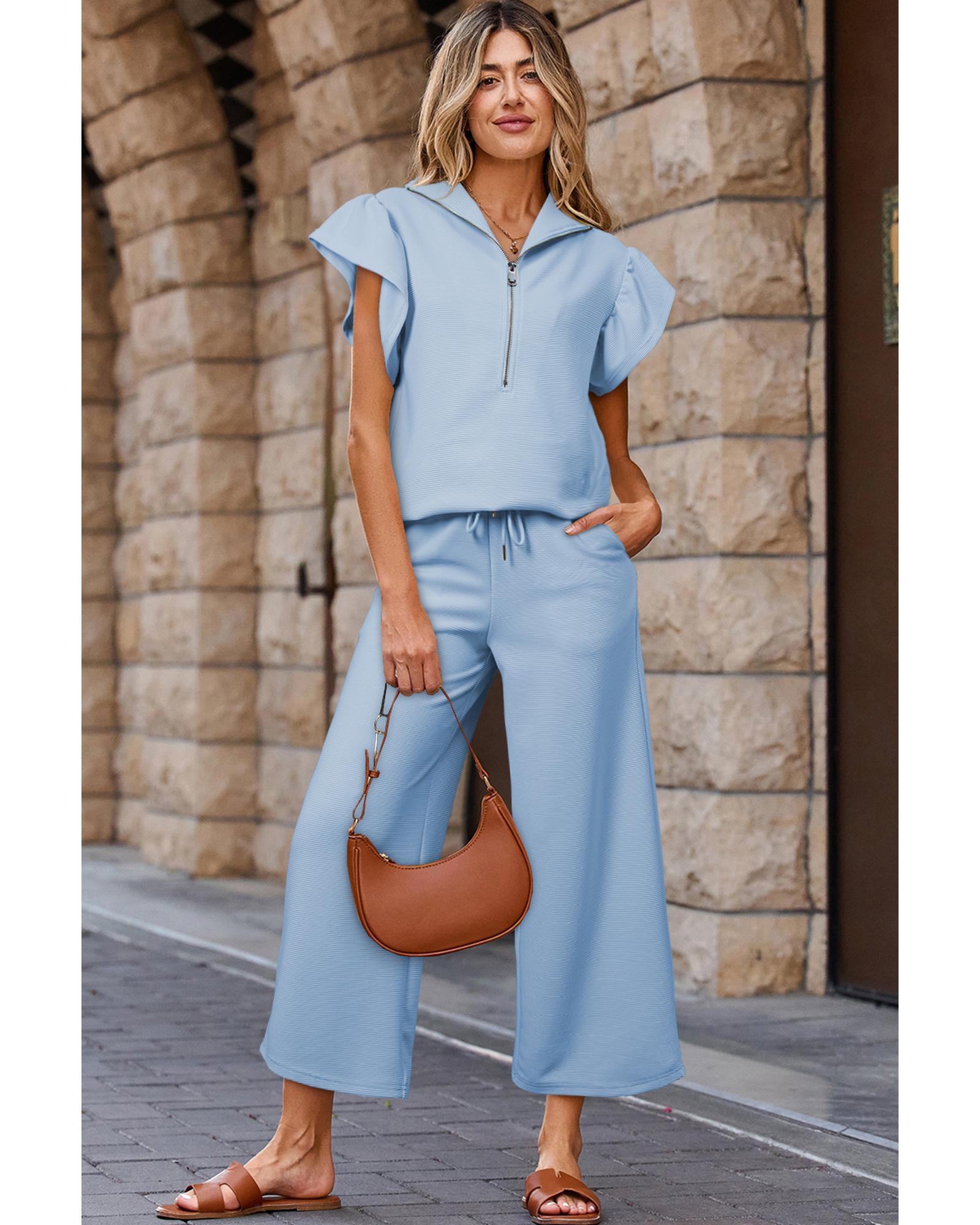 V539-AZEXDC626787-P804-L-202508282240-00 Beau Blue Textured Ruffled Sleeve Zipped Top and Wide Leg Pants Set - L - Image 1