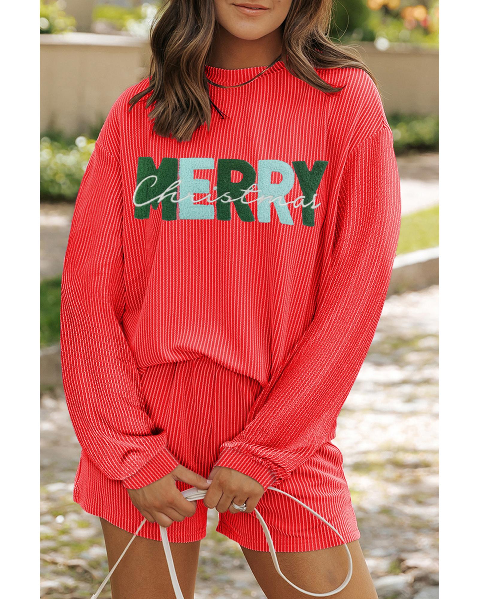 V539-AZEXDC626835-P5014-S-202506150211-00 Gold Flame Corded MERRY Christmas Letter Top and Shorts Set - S - Image 1