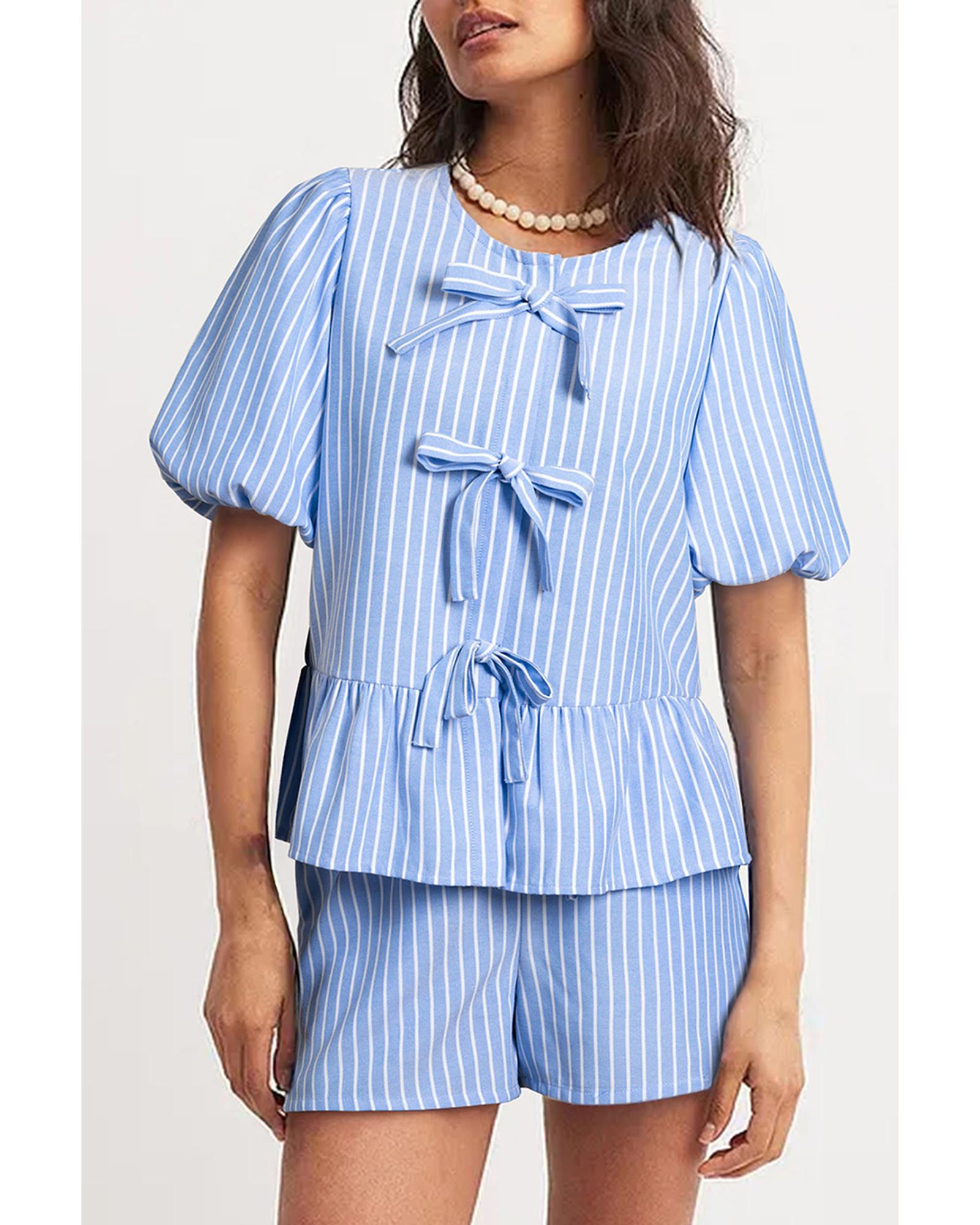 V539-AZEXDC626850-P304-L-202508291345-00 Sky Blue Striped Bowknot Detail Puffy Sleeve Top and Shorts 2Pcs Set - L - Image 1