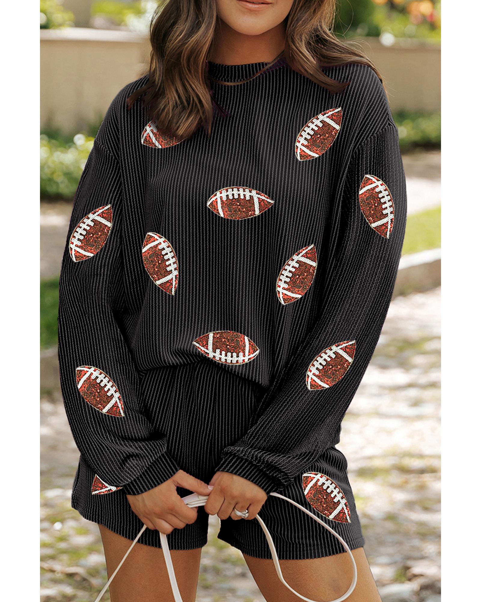 V539-AZEXDC626890-P4011-S-202506150221-00 Carbon Grey Sequin Rugby Football Corded Knit Two Piece Shorts Set - S - Image 1