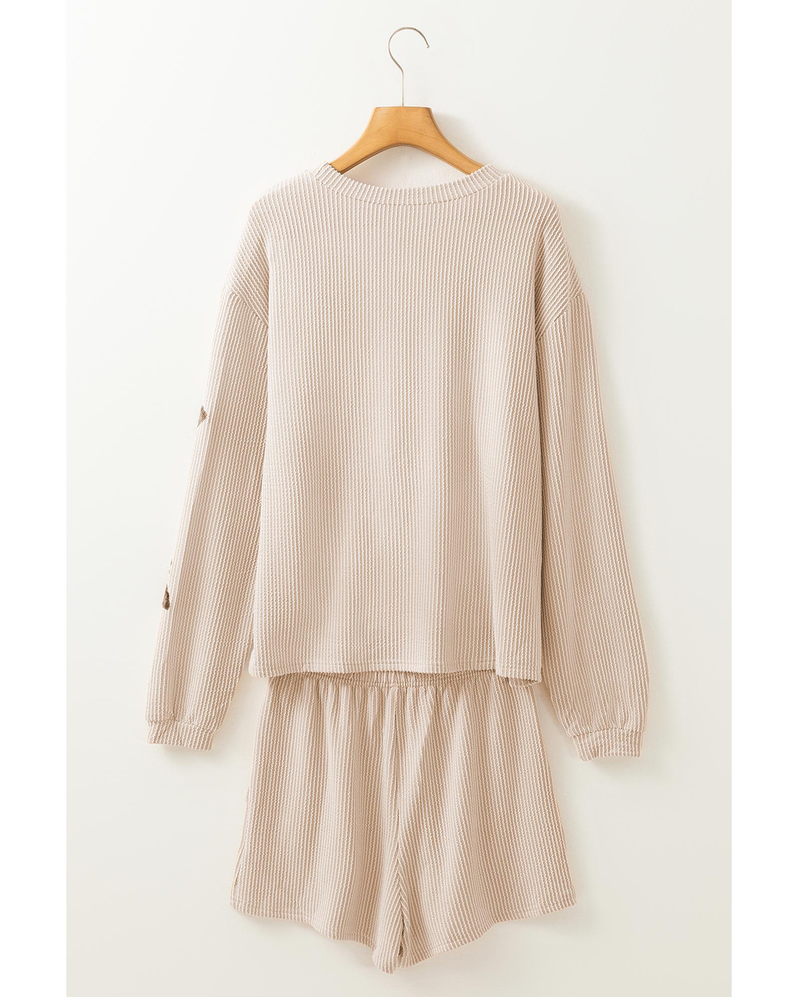 V539-AZEXDC626891-P6016-S-202506150225-00 Parchment Thanksgiving Sequined Turkey Corded Knit Loose Fit Shorts Set - S - Image 1