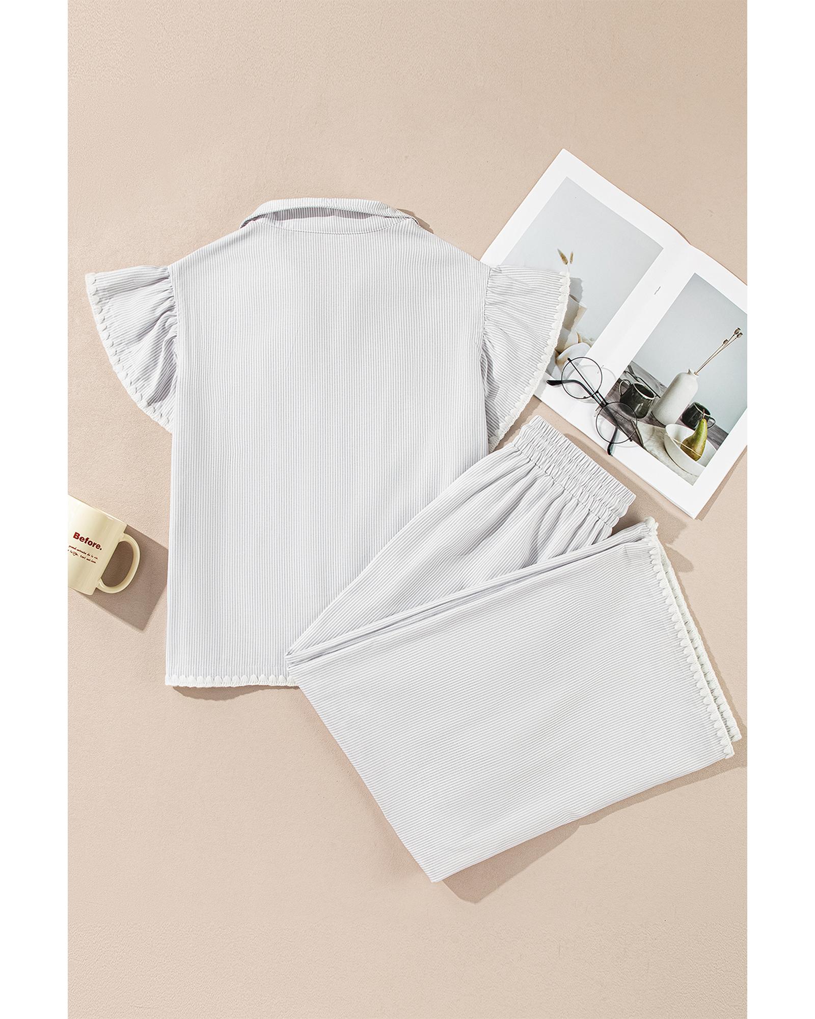 V539-AZEXDC626921-P1119-L-202508310025-00 Gray Stripe Zipped up Collar Ruffled Sleeve Tee and Wide Leg Pants 2pcs Outfit - L - Image 1
