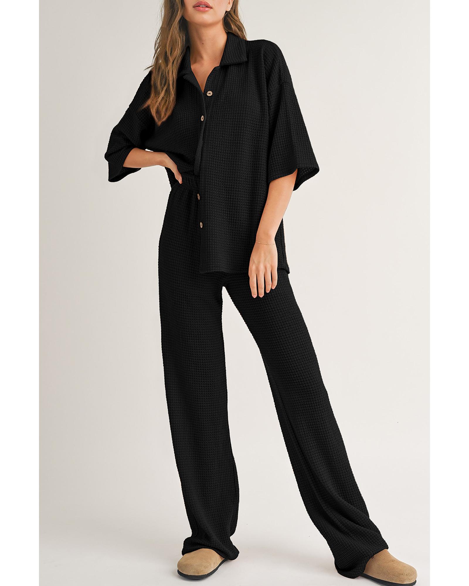 V539-AZEXDC626924-P2-S-202506150246-00 Black Solid Color Textured Buttoned Shirt and Casual Pants Set - S - Image 1
