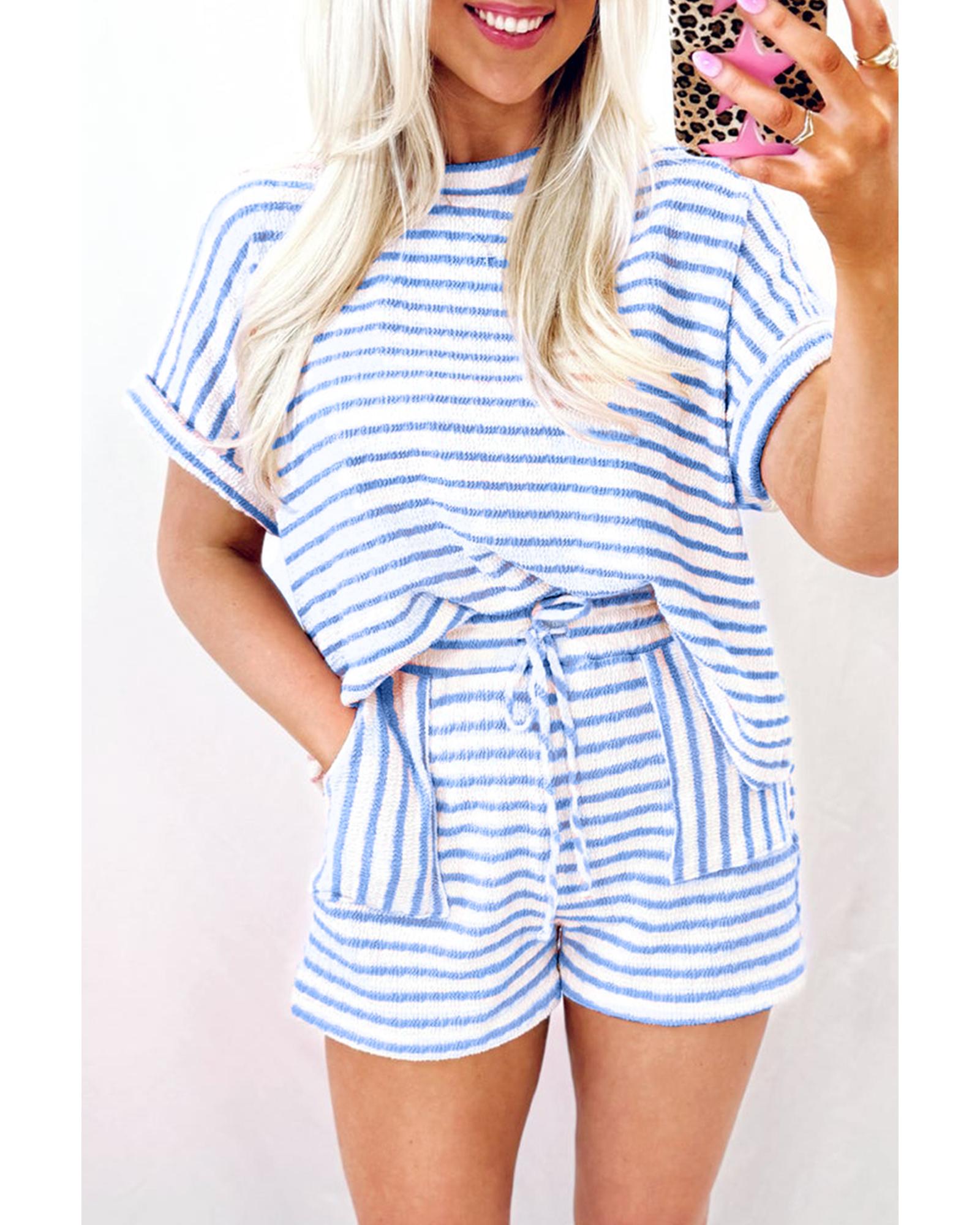 V539-AZEXDC626953-P419-M-202506150321-00 Sky Blue Stripe Knitted Short Sleeve Top and Drawstring Shorts Set - M - Image 1