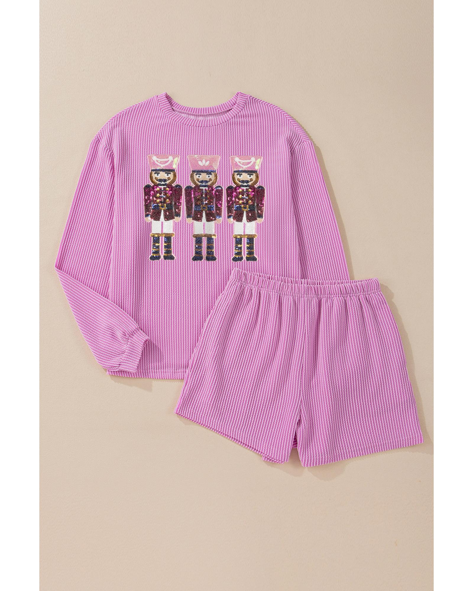 V539-AZEXDC627035-P608-M-202508310135-00 Phalaenopsis Sequin Nutcracker Patched Long Sleeve Corded Christmas Shorts Set - M - Image 1