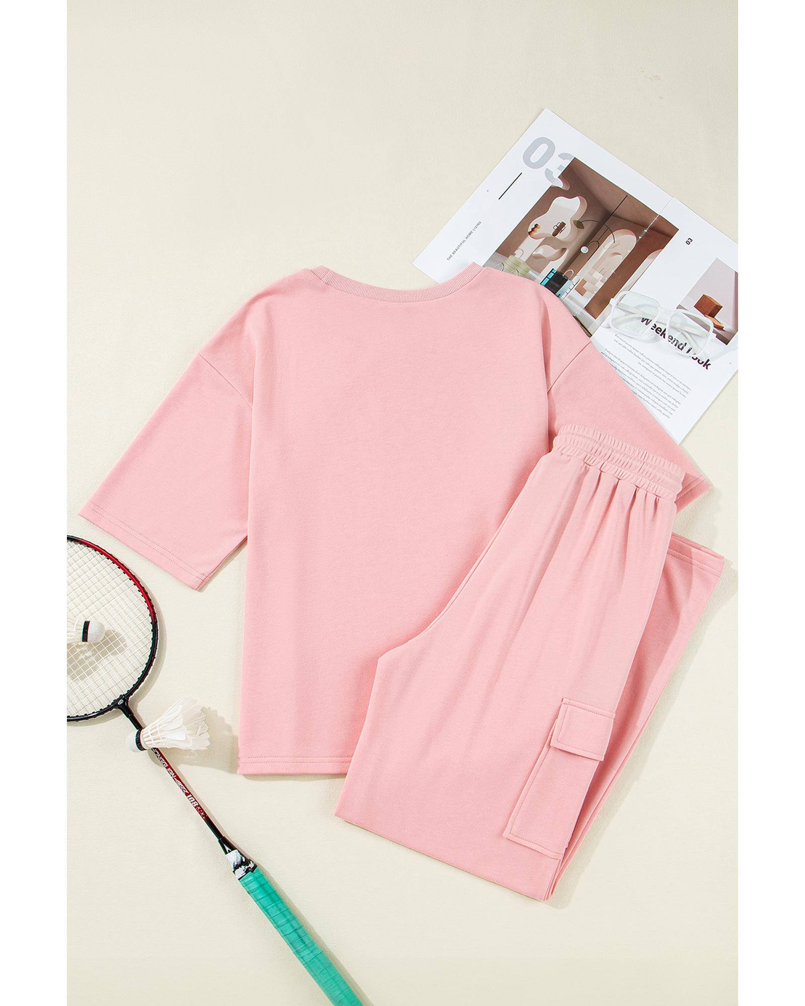 V539-AZEXDC627075-P2010-M-202508302225-00 Apricot Pink Half Sleeve T-Shirt & Cargo Sweatpants Set - M - Image 1