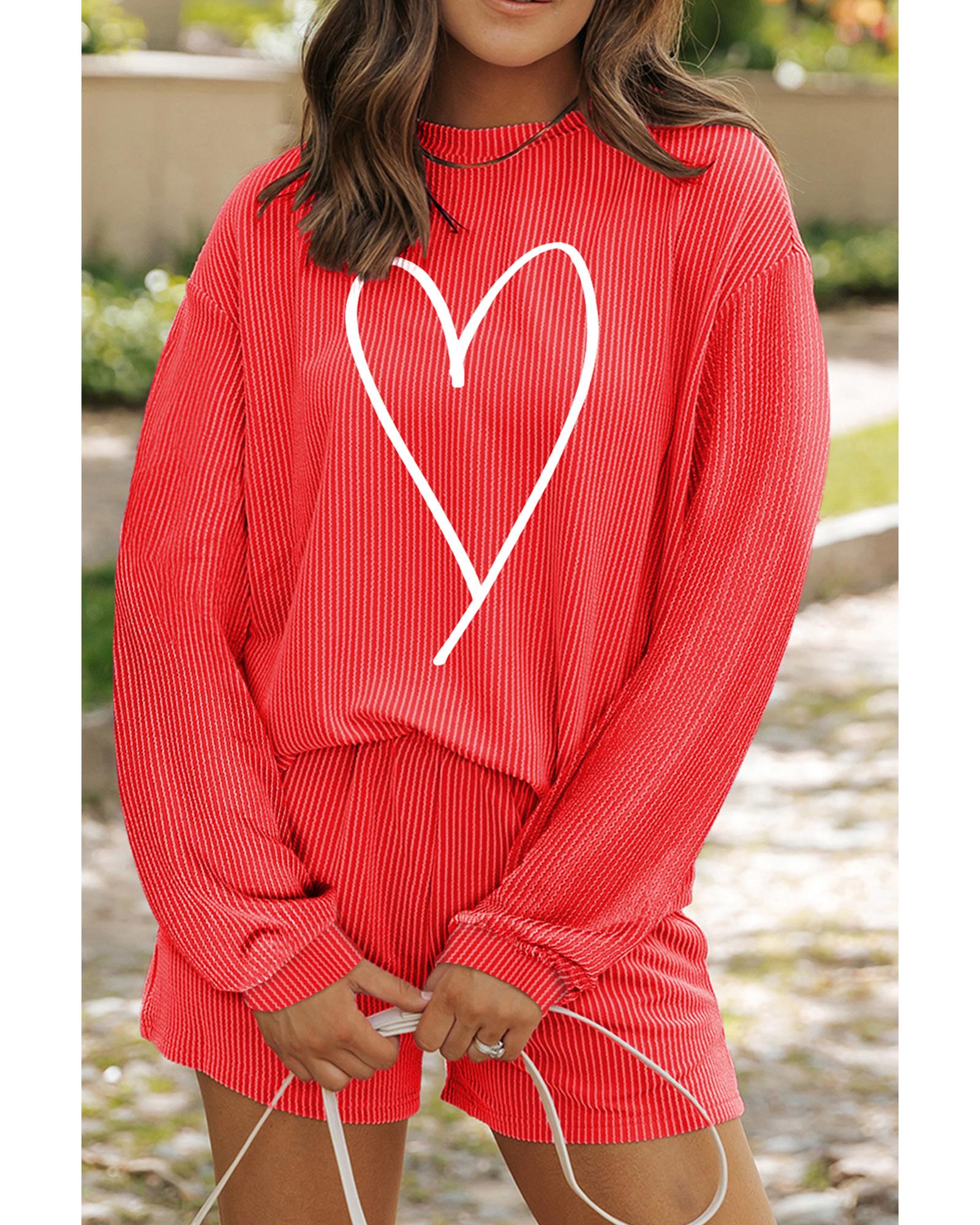 V539-AZEXDC627120-P5014-2XL-202508302145-00 Gold Flame Heart Shape Graphic Corded Pullover and Shorts Outfit - 2XL - Image 1
