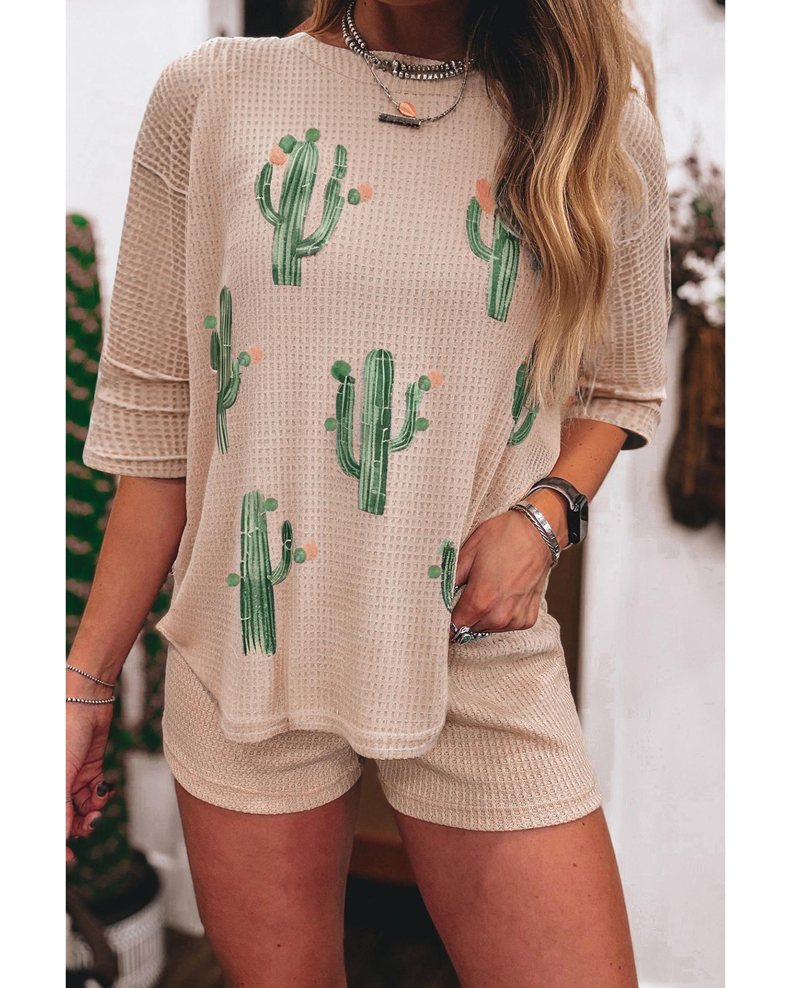 V539-AZEXDC627127-P4016-L-202508281515-00 Light French Beige Cactus Forest Waffle Half Sleeve Tee Short Set - L - Image 1