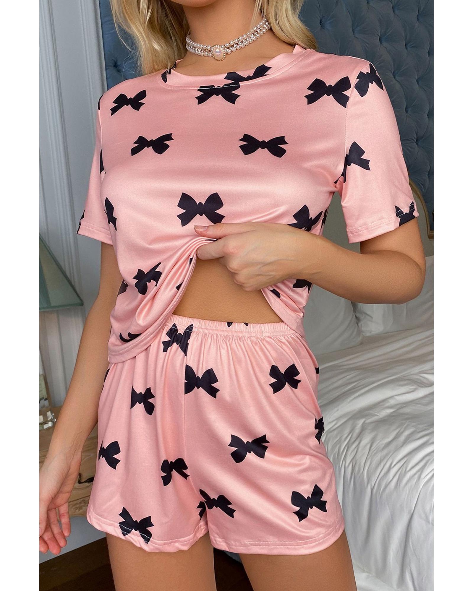 V539-AZEXDC627131-P1020-S-202506150046-00 Pink Bow Printed Short 2pcs Lounge Set - S - Image 1