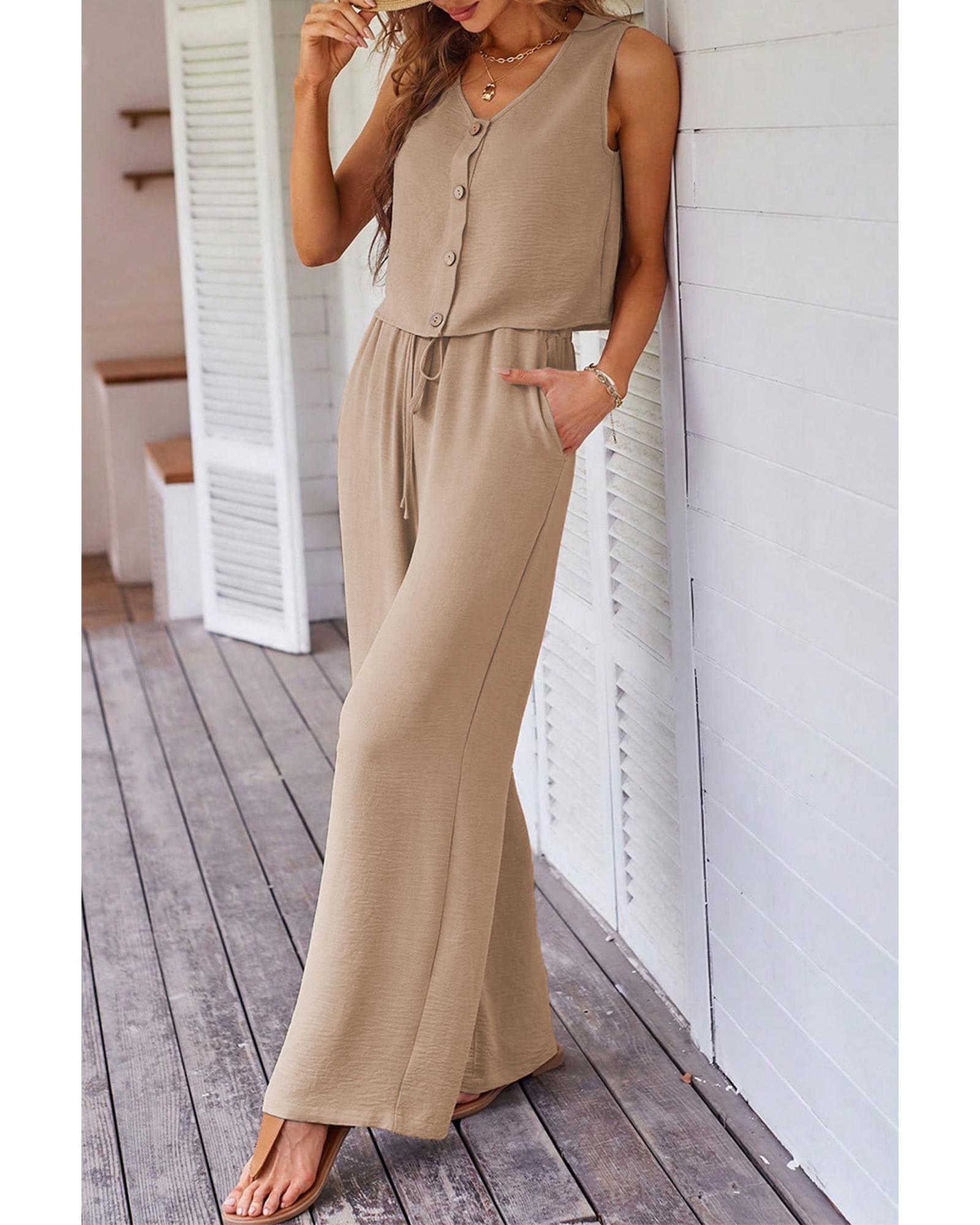 V539-AZEXDC627144-P1217-XL-202508300540-00 Goat Buttoned Vest Drawstring Wide Leg Pants 2pcs Set - XL - Image 1