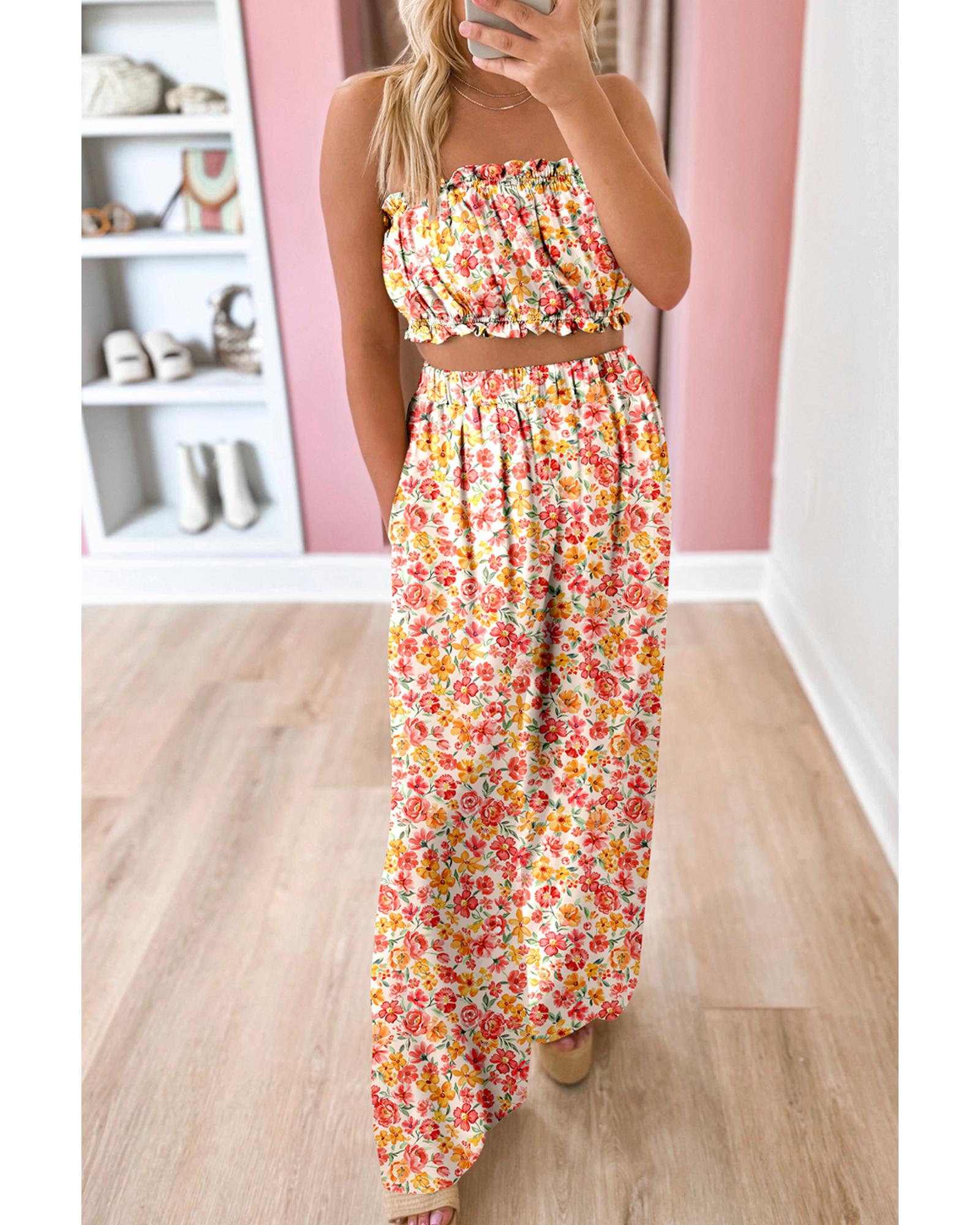 V539-AZEXDC627159-P1020-L-202506150112-00 Pink Boho Floral Bandeau Top and High Waist Wide Leg Pants Set - L - Image 1