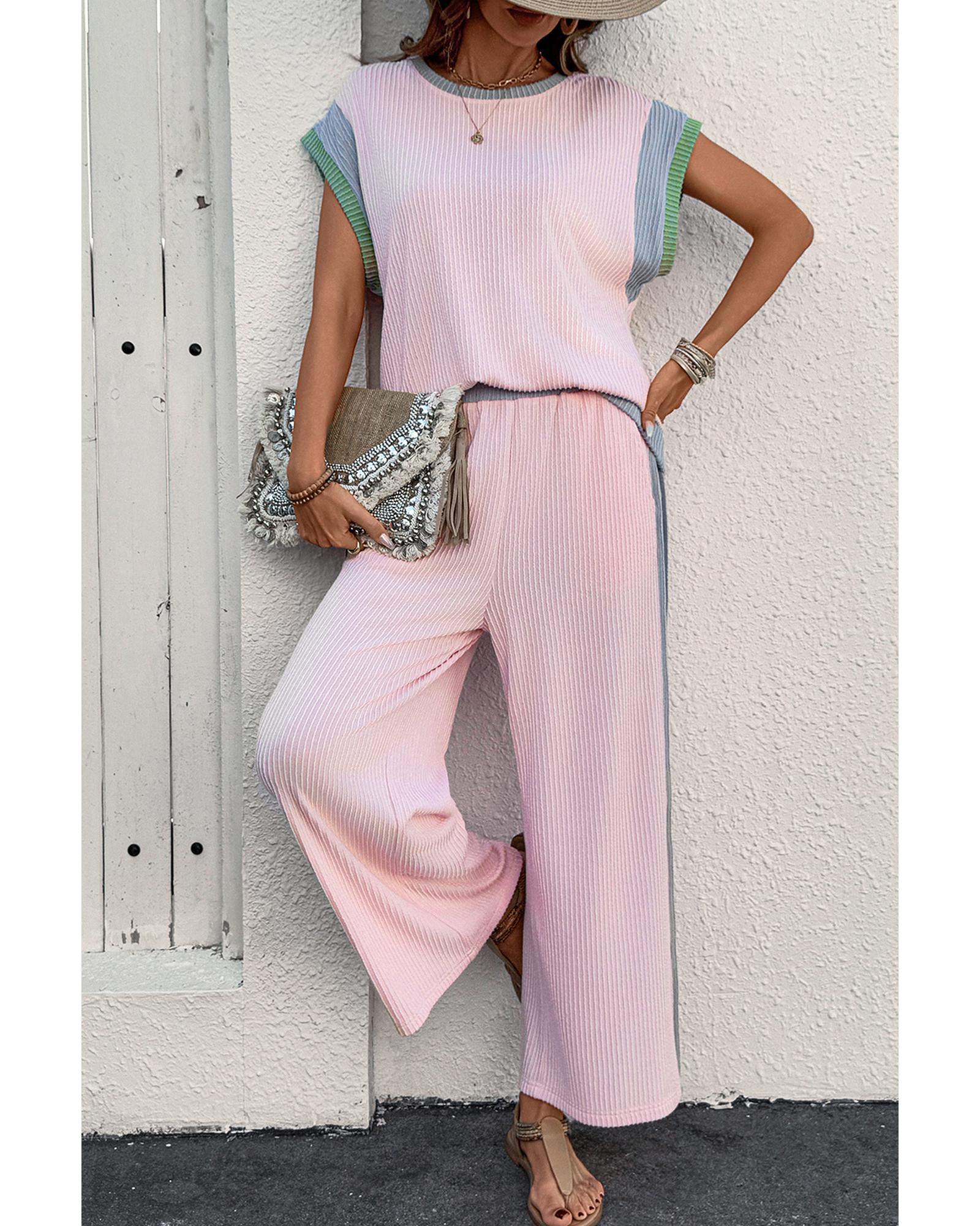 V539-AZEXDC627163-P1022-M-202508300200-00 Pink Corded Colorblock Patchwork Short Sleeve Top and Loose Pants Set - M - Image 1
