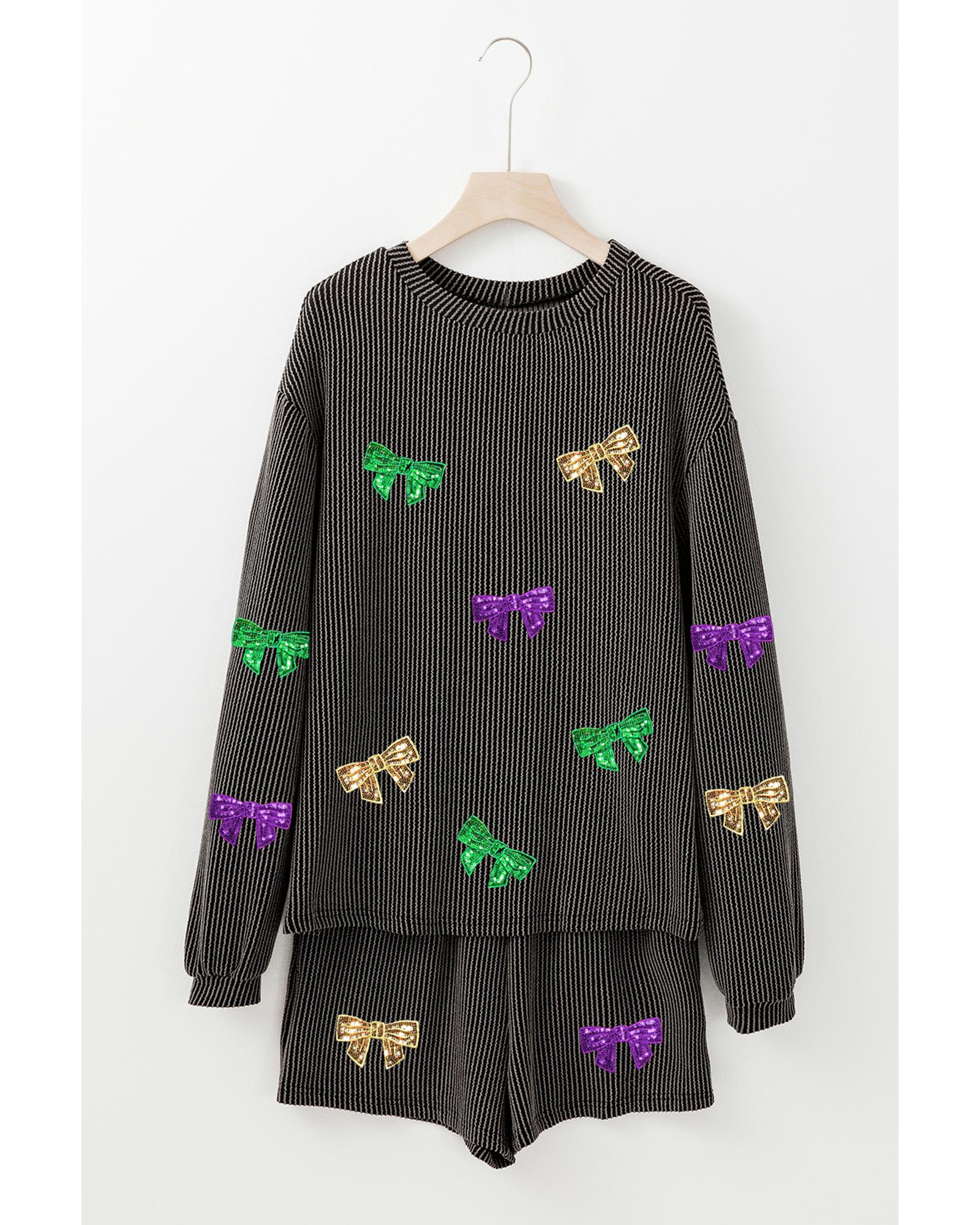 V539-AZEXDC627216-P4011-M-202508290045-00 Carbon Grey Bowknot Patched Pattern Corded Long Sleeve Top and Shorts Outfit - M - Image 1