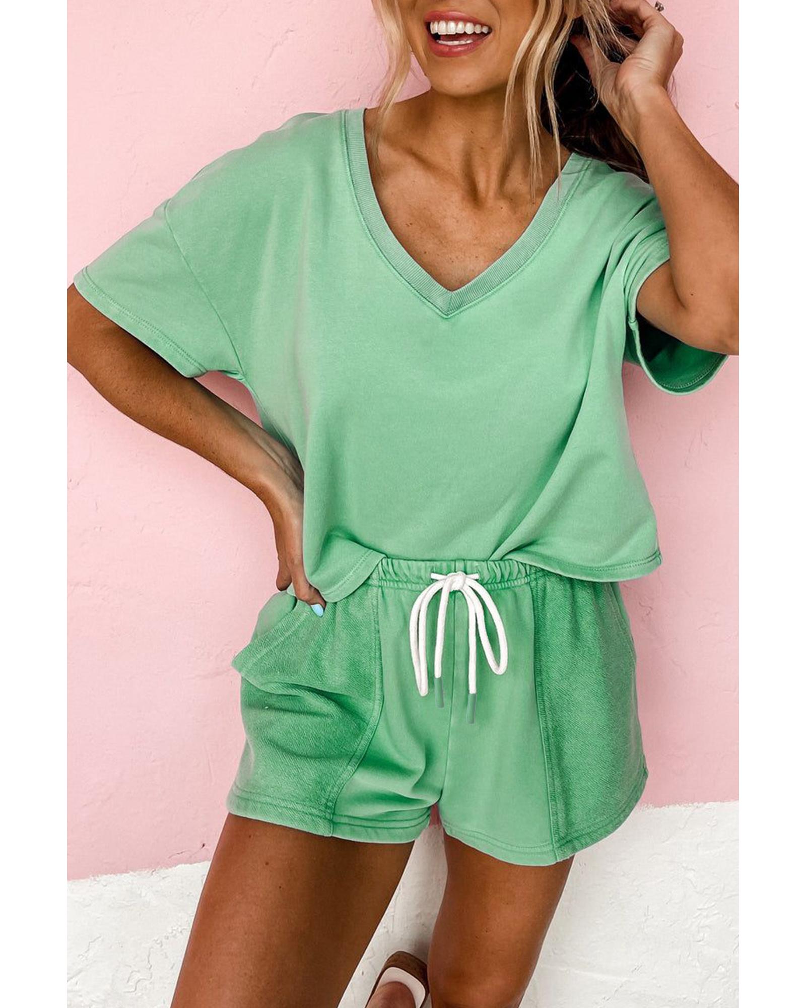 V539-AZEXDC627268-P1009-M-202508281730-00 Mint Green V Neck Drop Shoulder Tee and Patchwork Drawstring Shorts Set - M - Image 1
