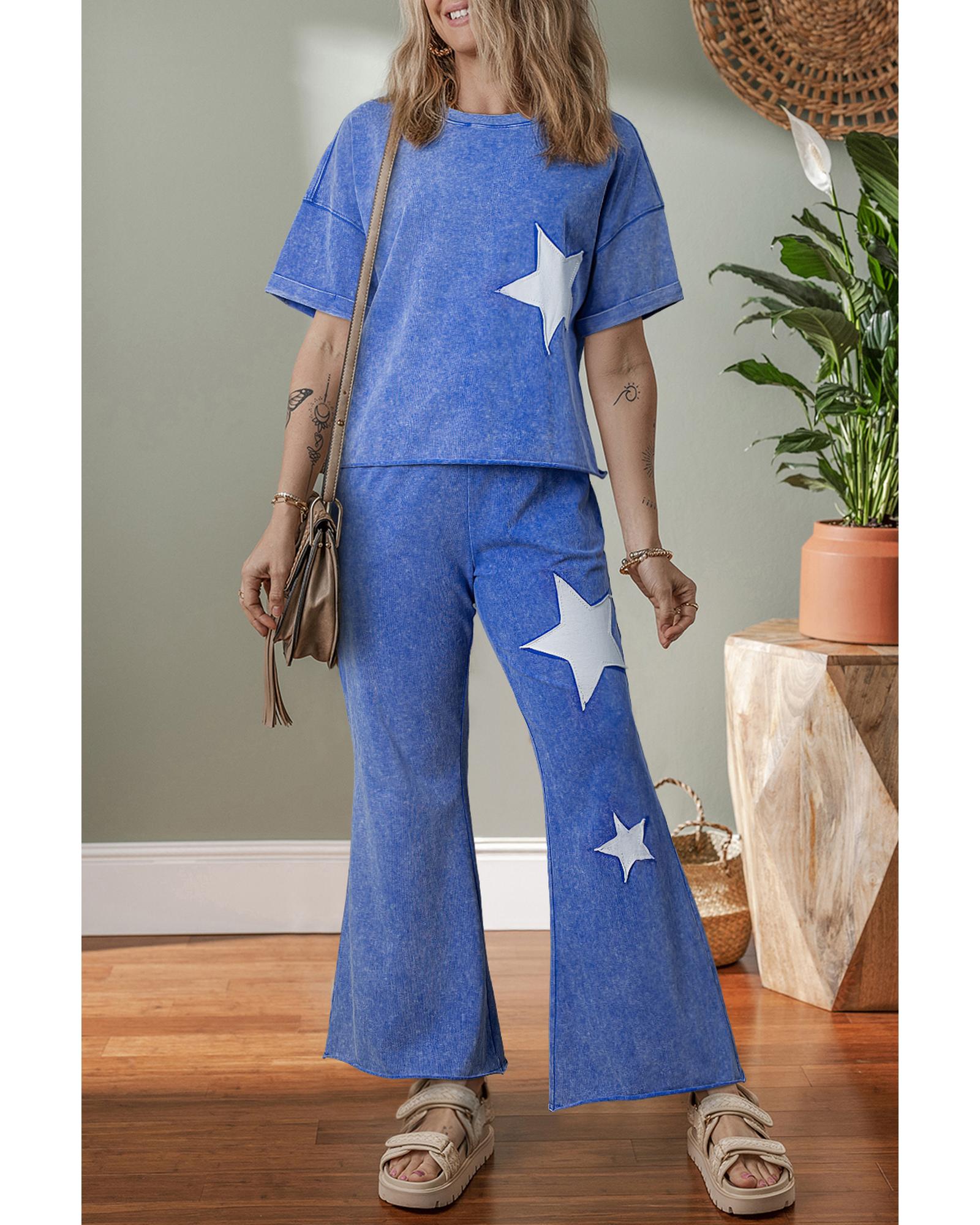 V539-AZEXDC627382-P604-S-202506150221-00 Ashleigh Blue Acid Wash Star Patched Rolled Trim Pants Set - S - Image 1