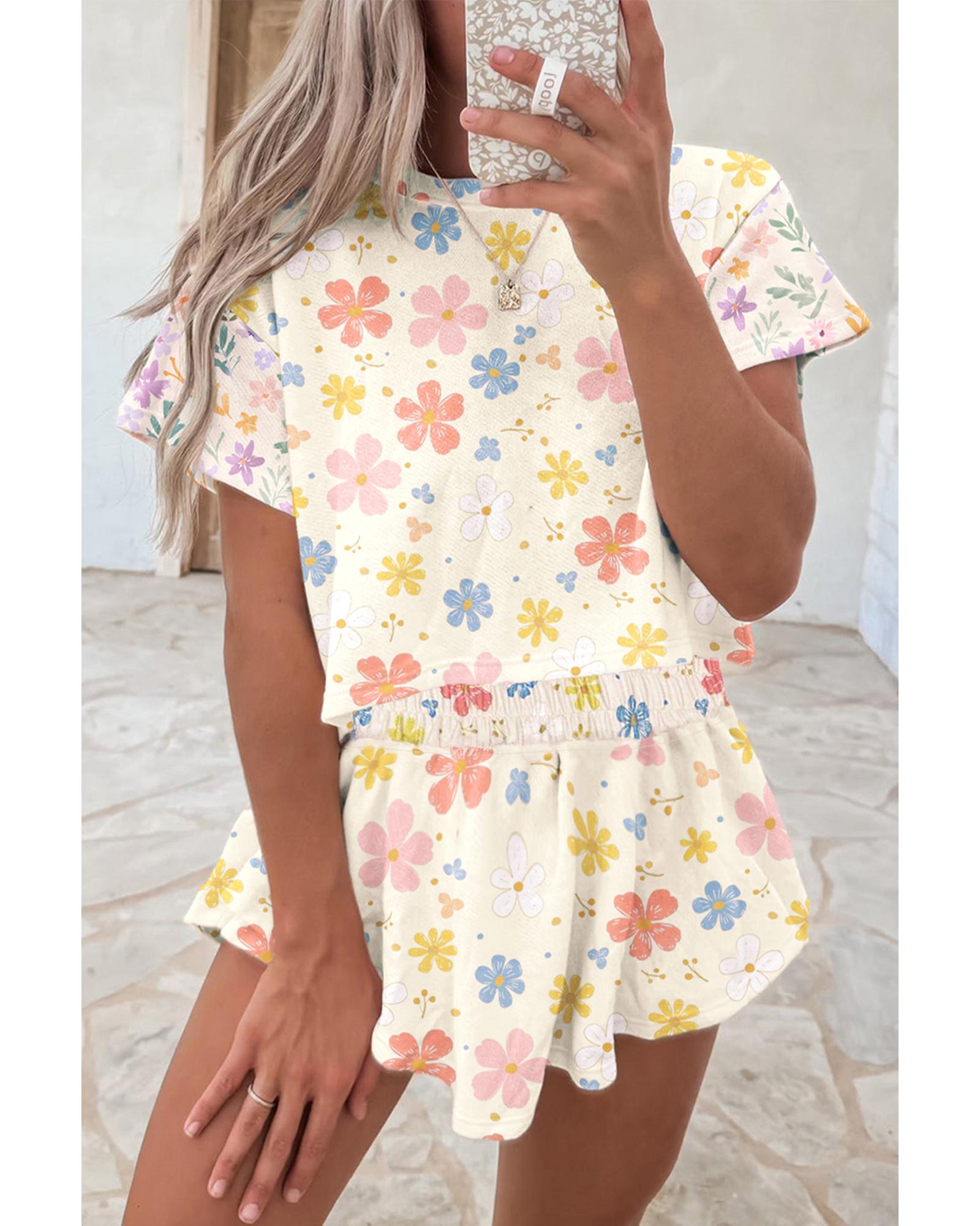 V539-AZEXDC627414-P1820-L-202508282020-00 Apricot Floral Print Crop Top Wide Leg Short Set - L - Image 1