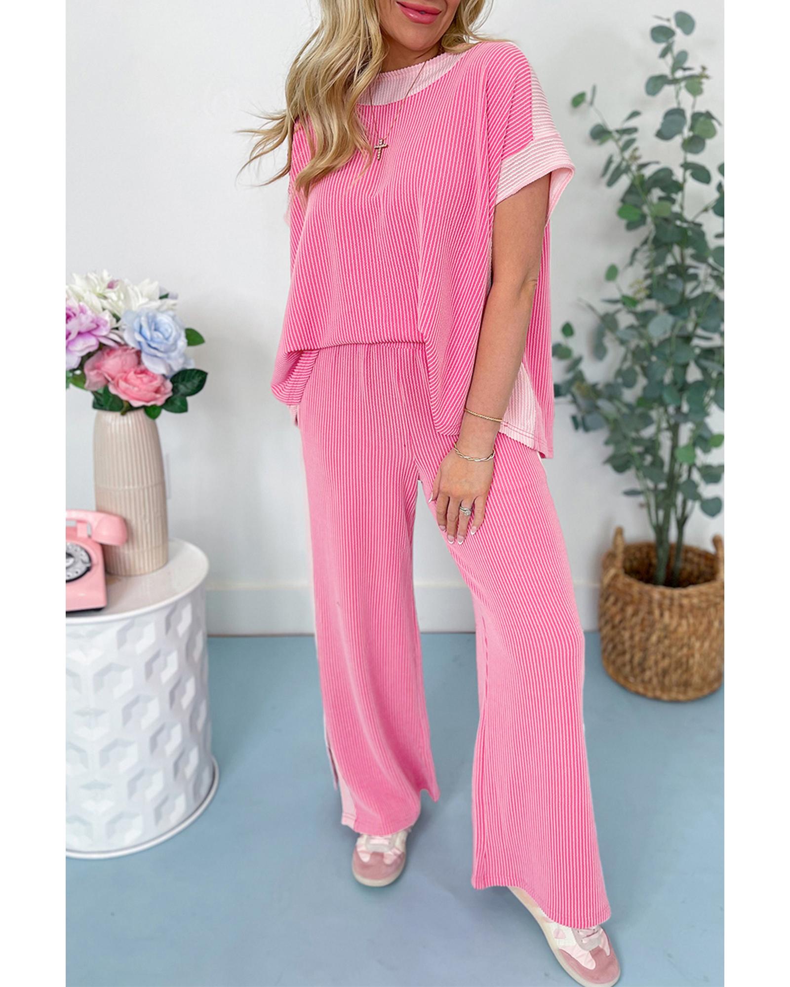 V539-AZEXDC627518-P406-S-202506150240-00 Sachet Pink 2-tone Colorblock Patchwork Corded 2pcs Outfit - S - Image 1