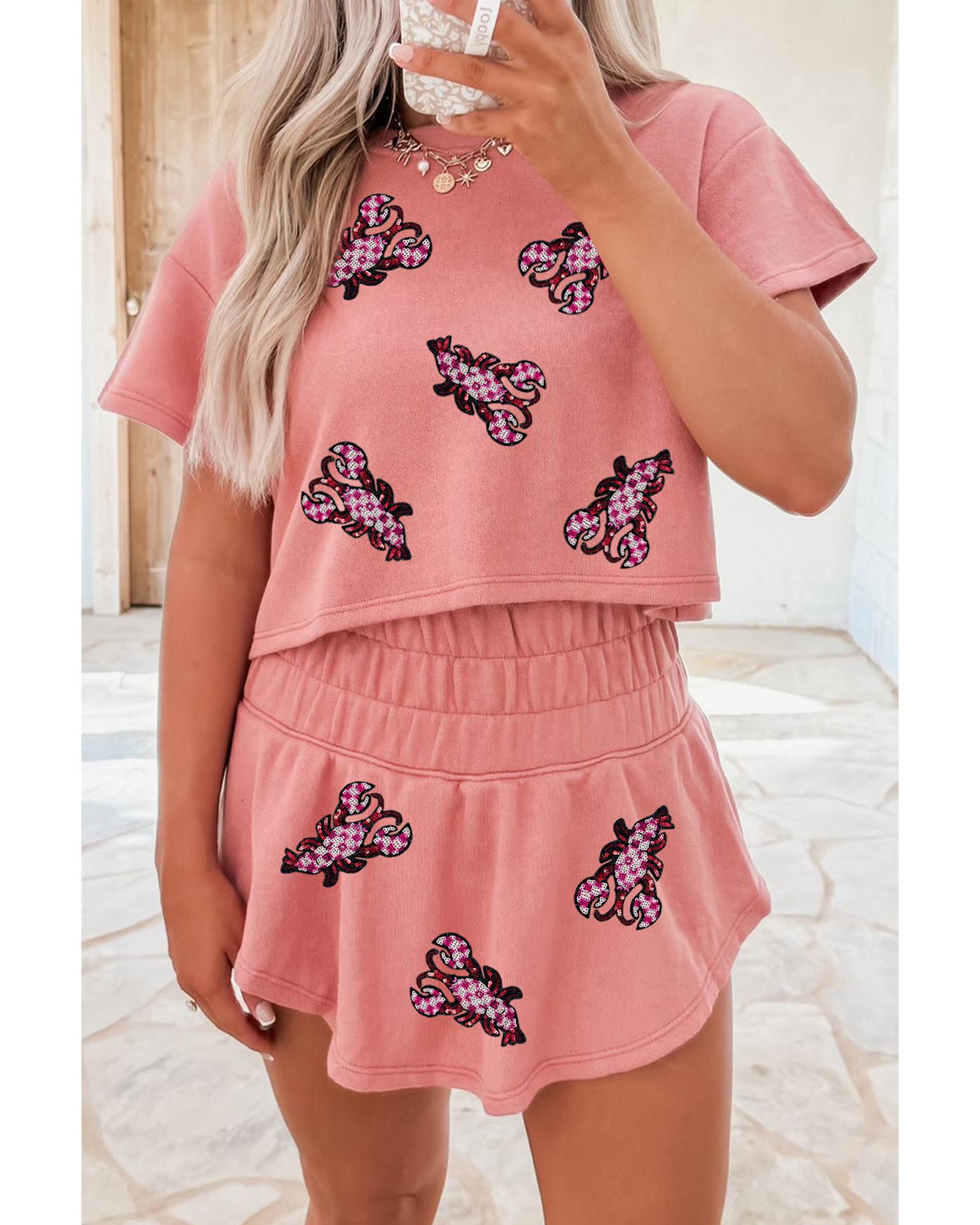 V539-AZEXDC627594-P1510-XL-202508301810-00 Blossom Sequined Lobster Patched Crop Tee and High Waist Short Set - XL - Image 1