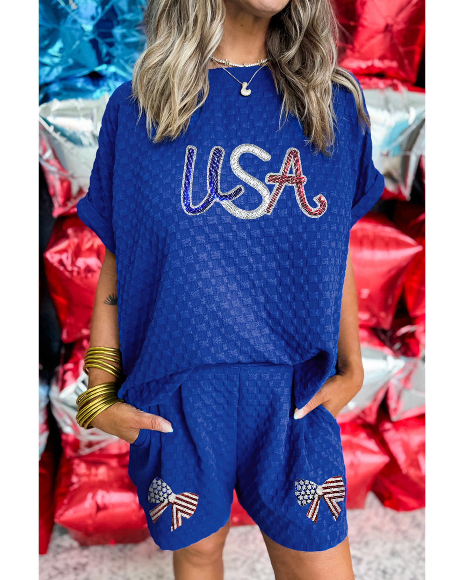 V539-AZEXDC627641-P205-XL-202508301940-00 Sky Blue Sequined USA Bowknot Buttoned Back Textured Short Set - XL - Image 1