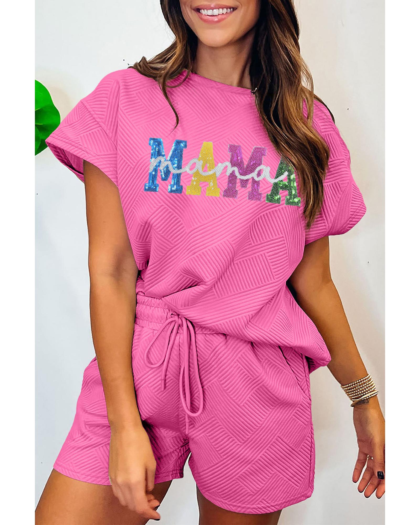 V539-AZEXDC627684-P306-L-202508310220-00 Strawberry Pink Sequined MAMA Letter Graphic Textured Short 2pcs Set - L - Image 1