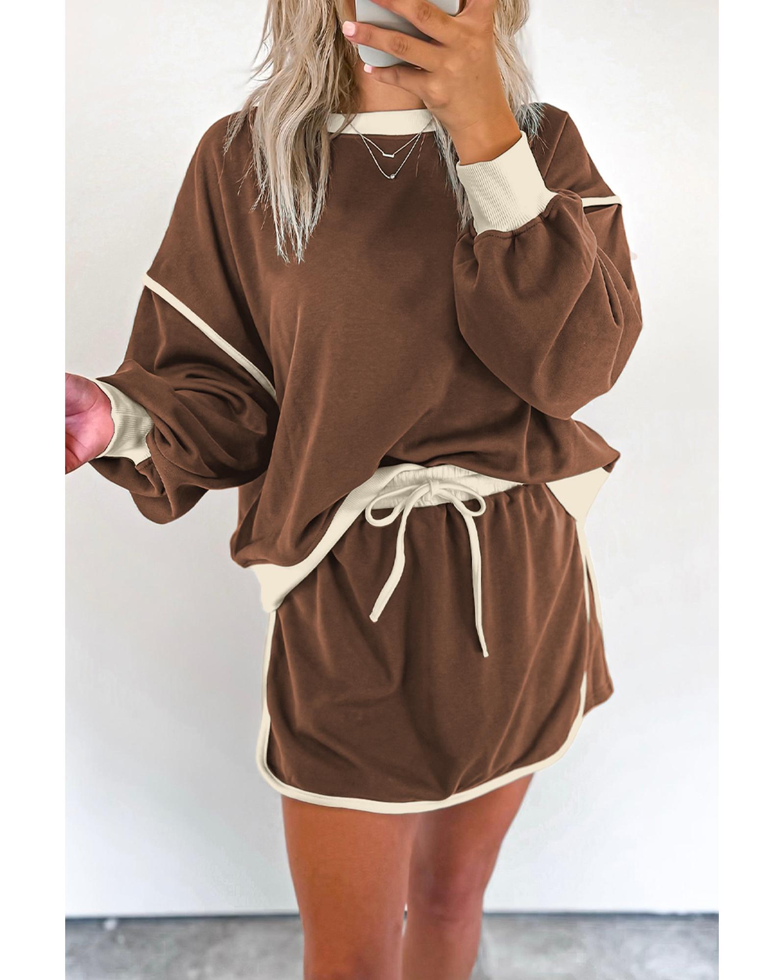 V539-AZEXDC631113-P1017-L-202508302100-00 Coffee Color Contrast Loose Pullover and Lace-up Waist Skort Set - L - Image 1
