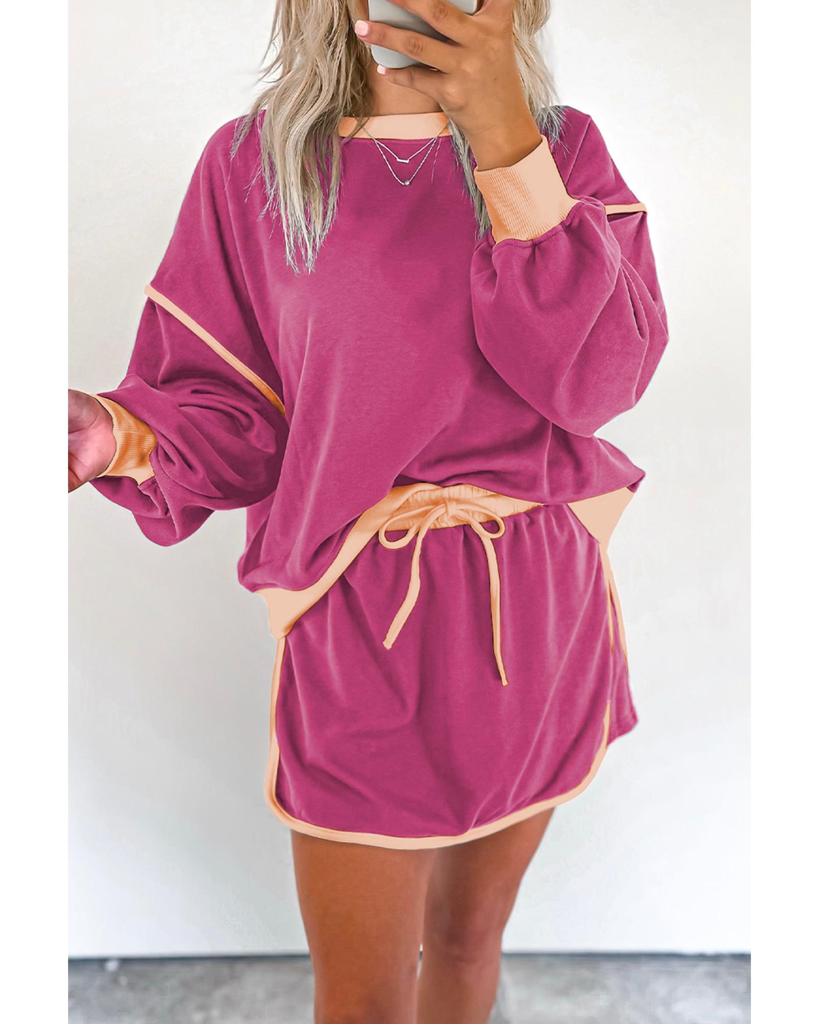 V539-AZEXDC631113-P6-XL-202508301240-00 Rose Red Color Contrast Loose Pullover and Lace-up Waist Skort Set - XL - Image 1