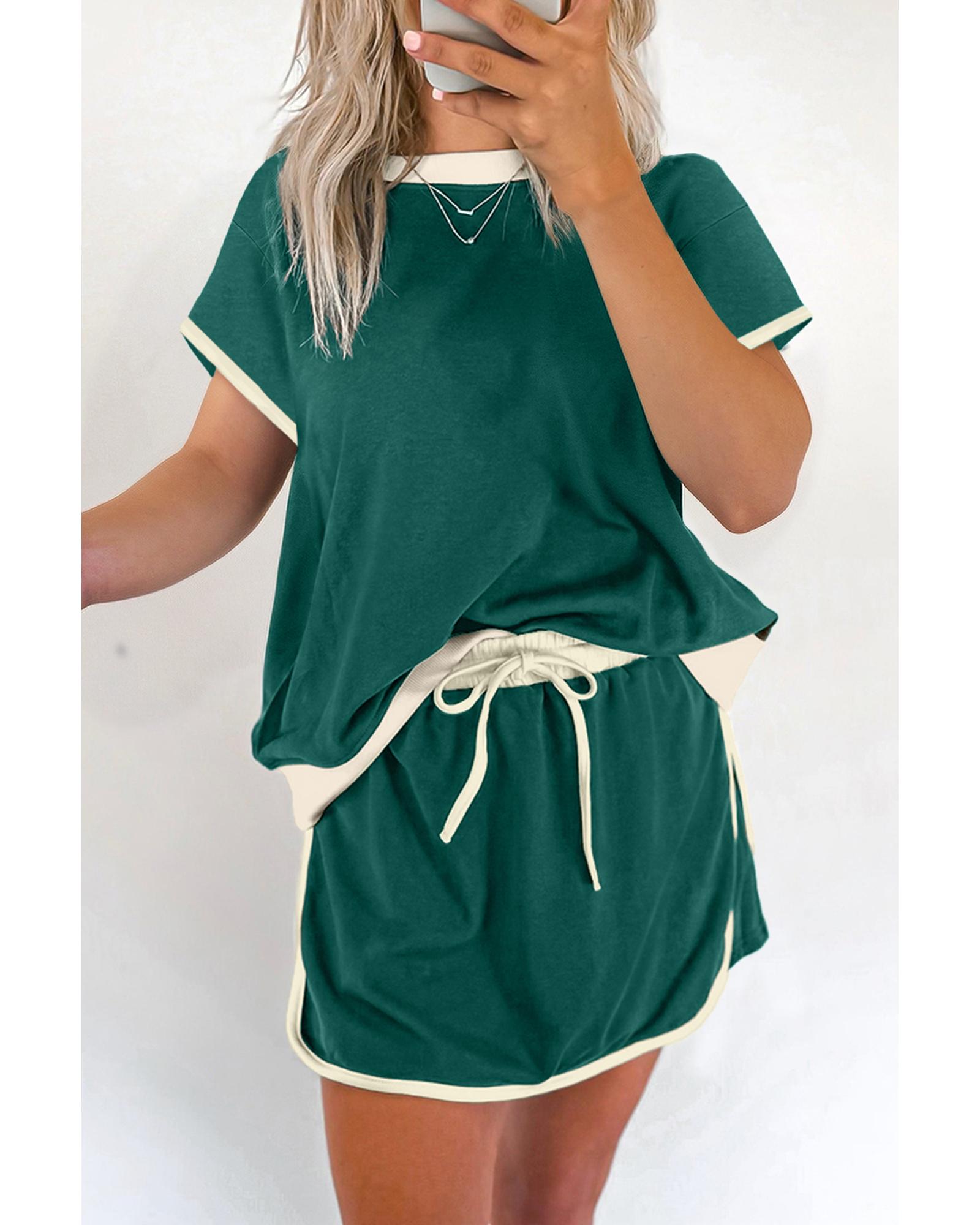 V539-AZEXDC631178-P2509-M-202508302200-00 Evergreen Colorblock Edge Drop Shoulder T Shirt and Skirt 2Pcs Set - M - Image 1