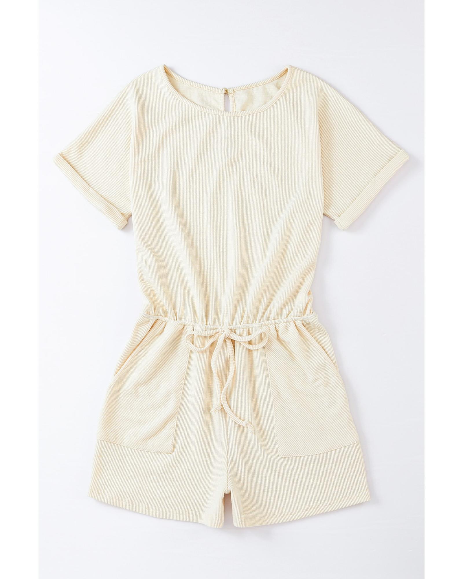 V539-AZEXDC6411805-15-L-202508301355-00 Azura Exchange Beige Ribbed Elastic Waist Romper - L - Image 1