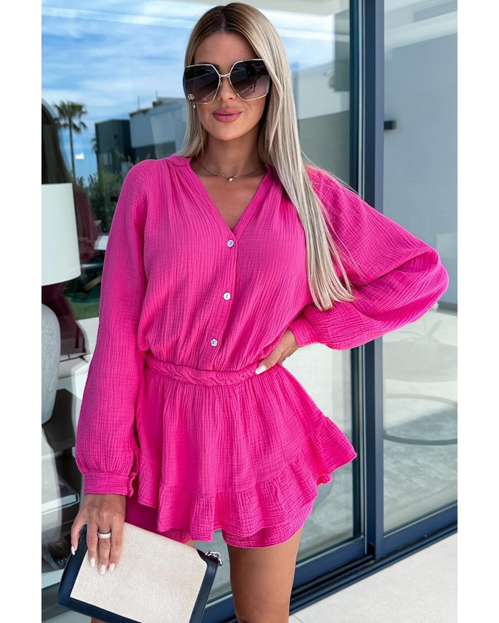 V539-AZEXDC6412174-6-XL-202508281750-00 Azura Exchange Rose Textured Tiered Ruffled Buttoned Long Sleeve Romper - XL - Image 1